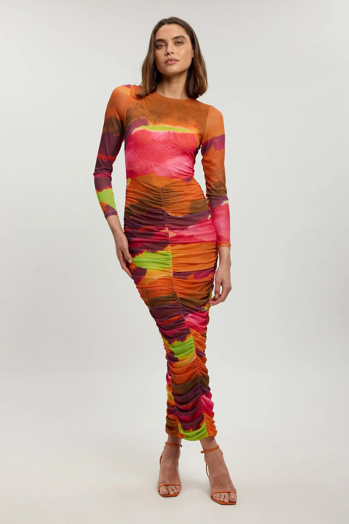 Marbled Print Mesh Ruched Maxi Dress - 1