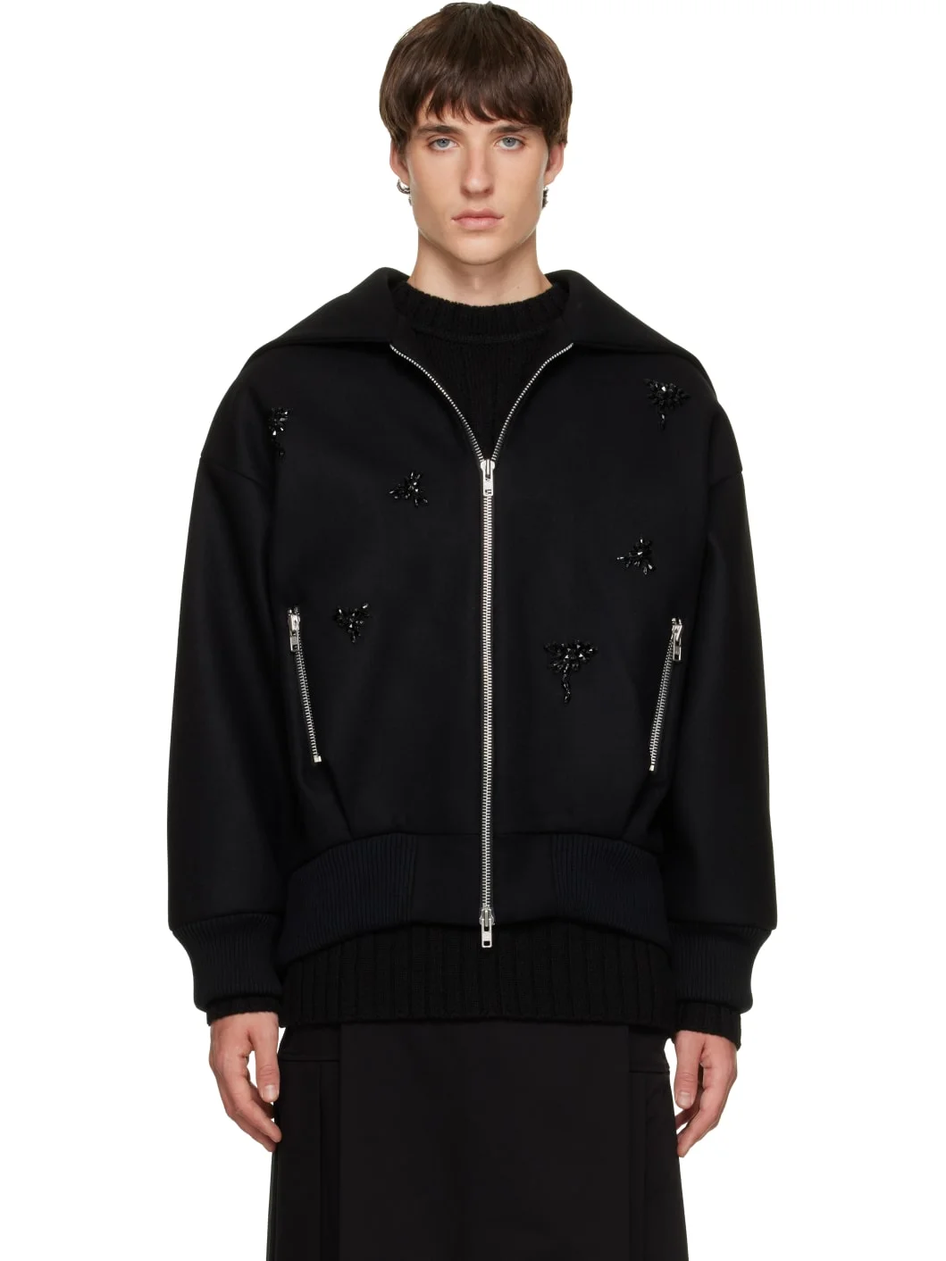 Black Embellished Oversized Split Hood Jacket - 1