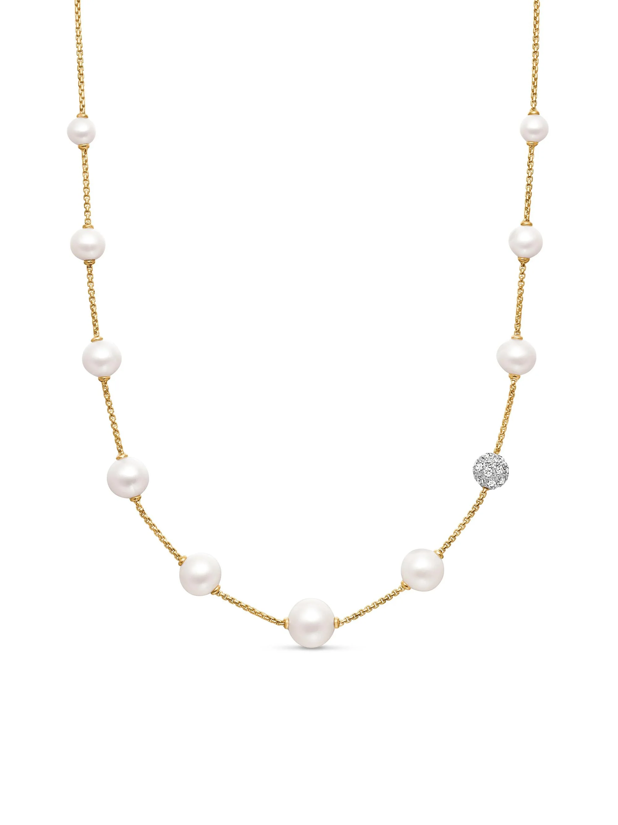 Women's Pearl and Pavé Station Necklace in 18K Yellow Gold - Pearl - 1