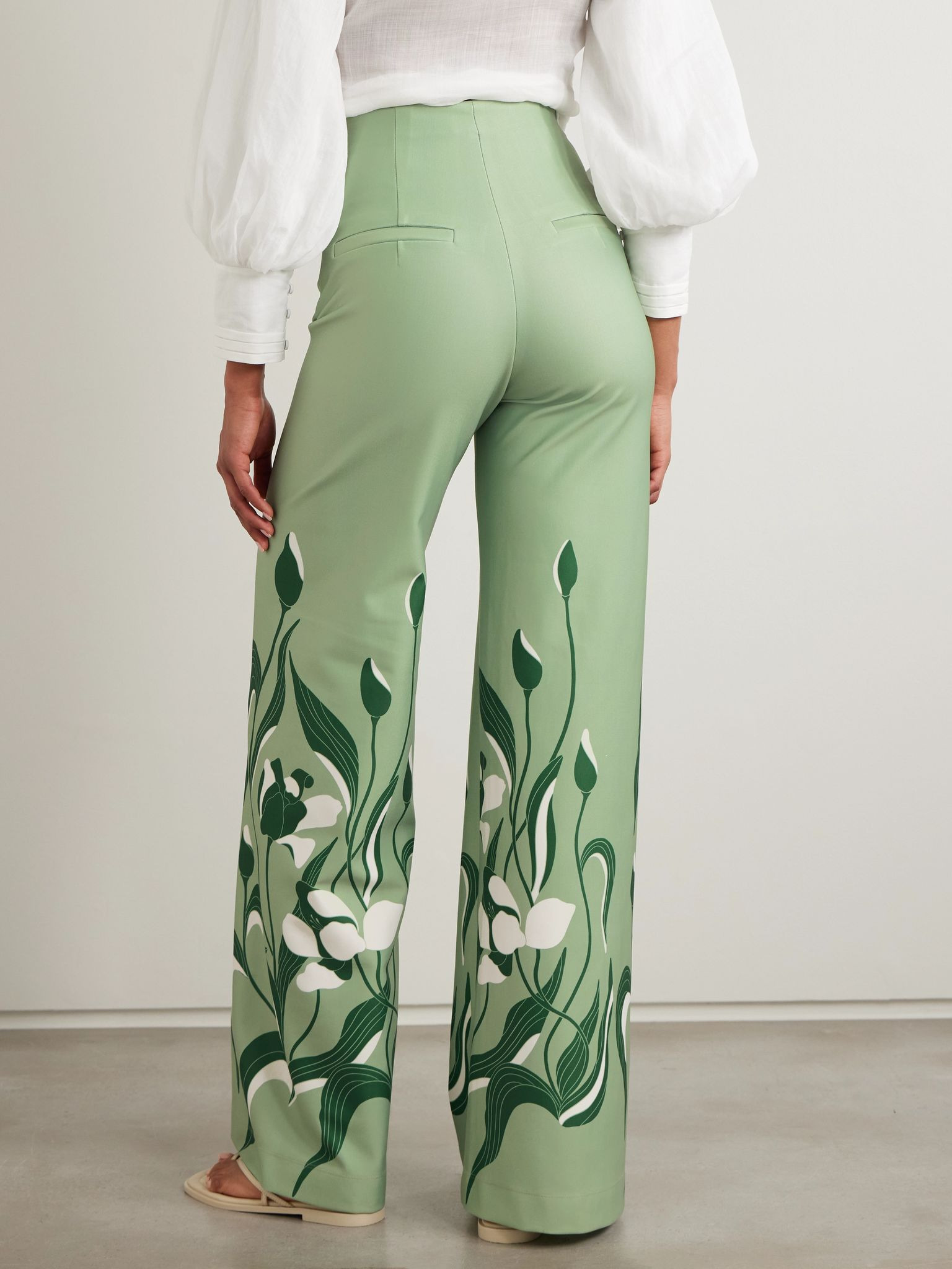 Luz De Si floral-print stretch-scuba wide-leg pants Sage green - 3