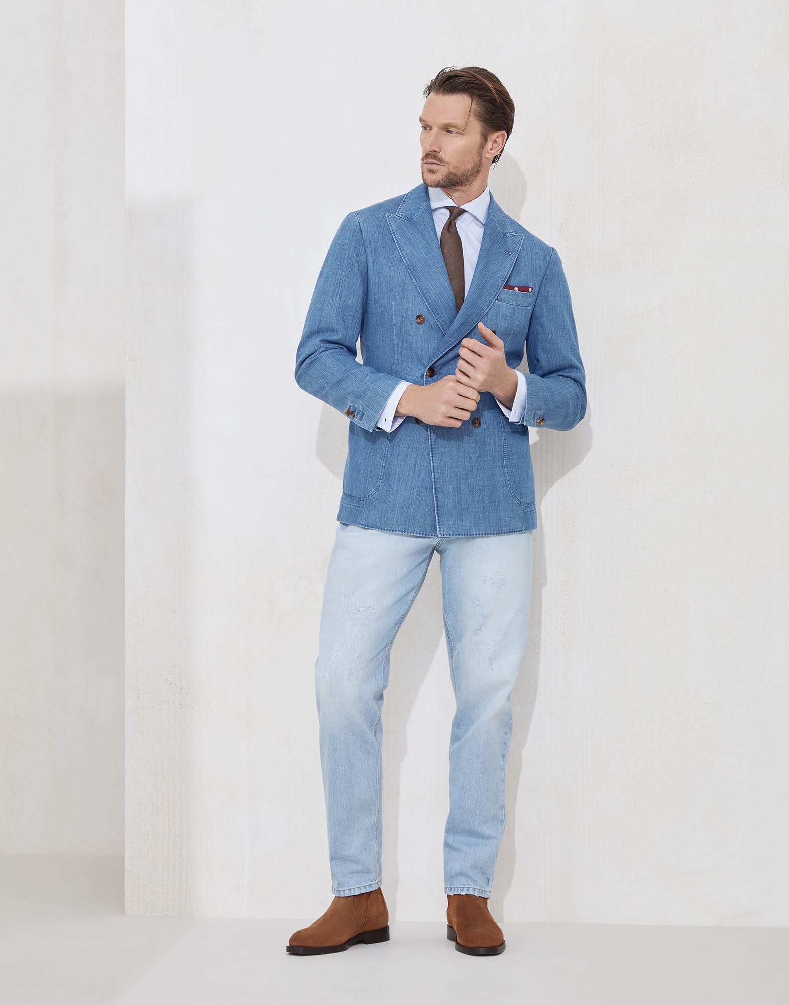Lightweight old denim deconstructed one-and-a-half breasted blazer with patch pockets - 5