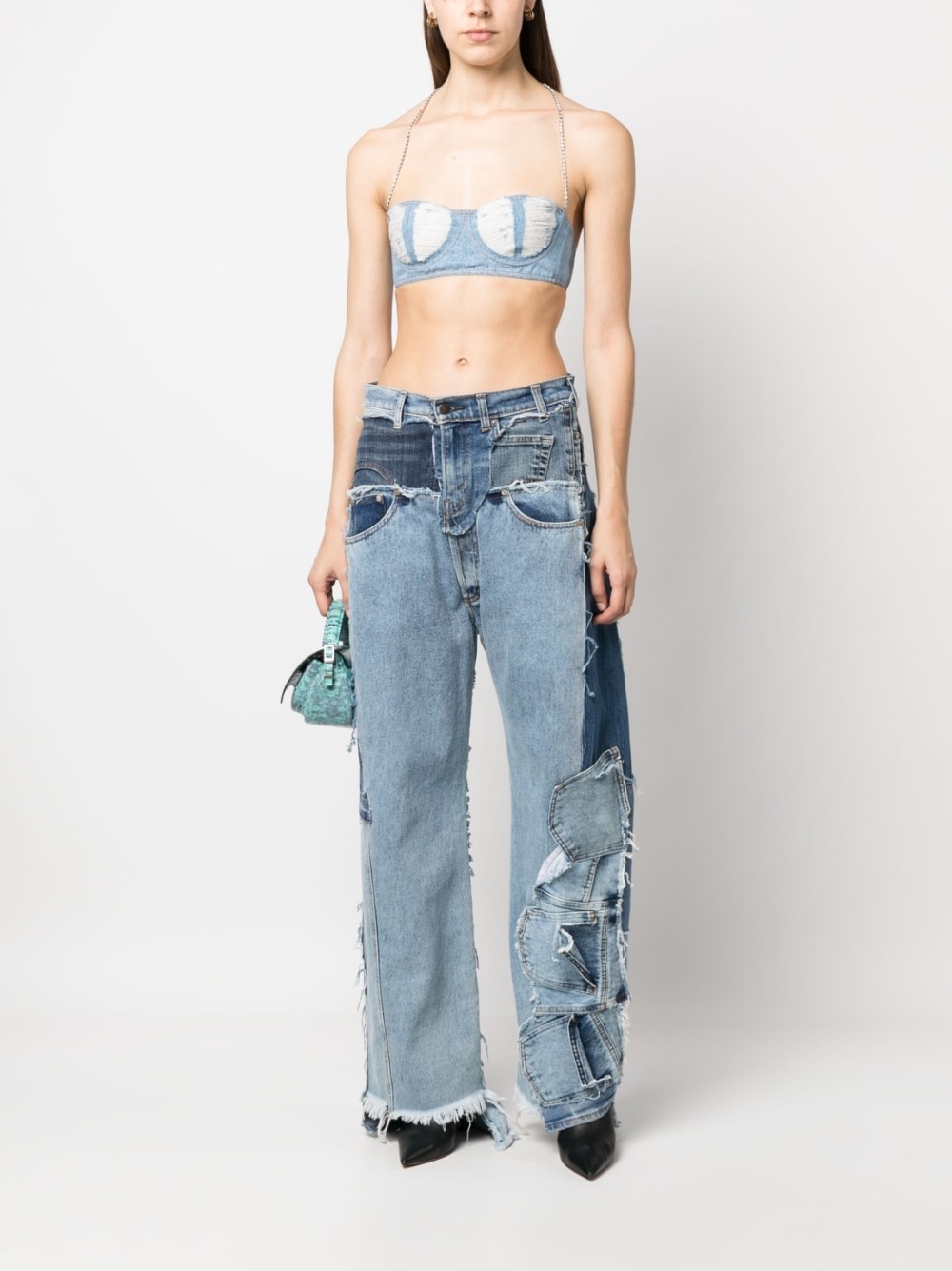 ribbed washed-denim crop top - 2