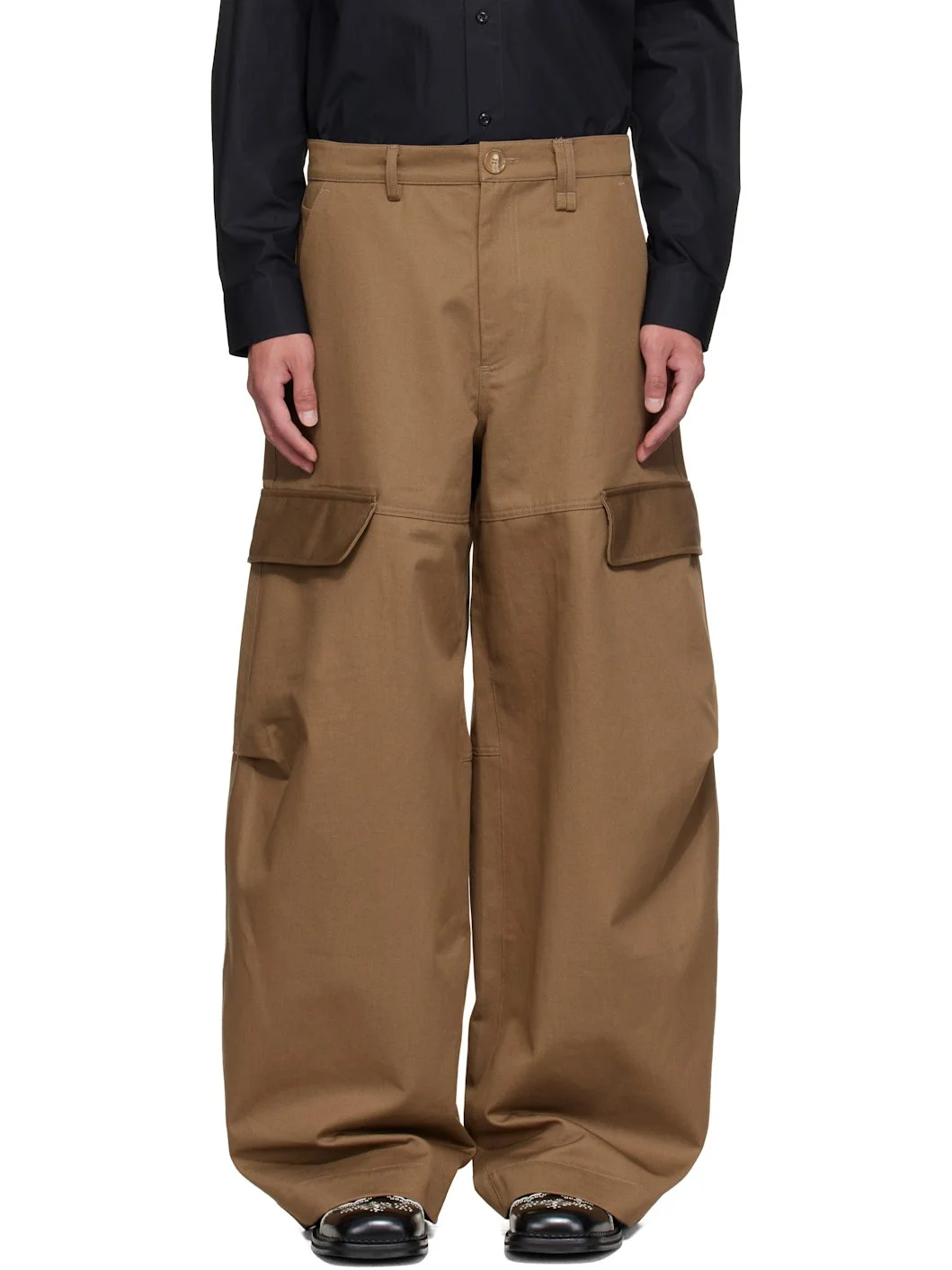 Khaki Balloon Knee Pleat Cargo Pants - 1