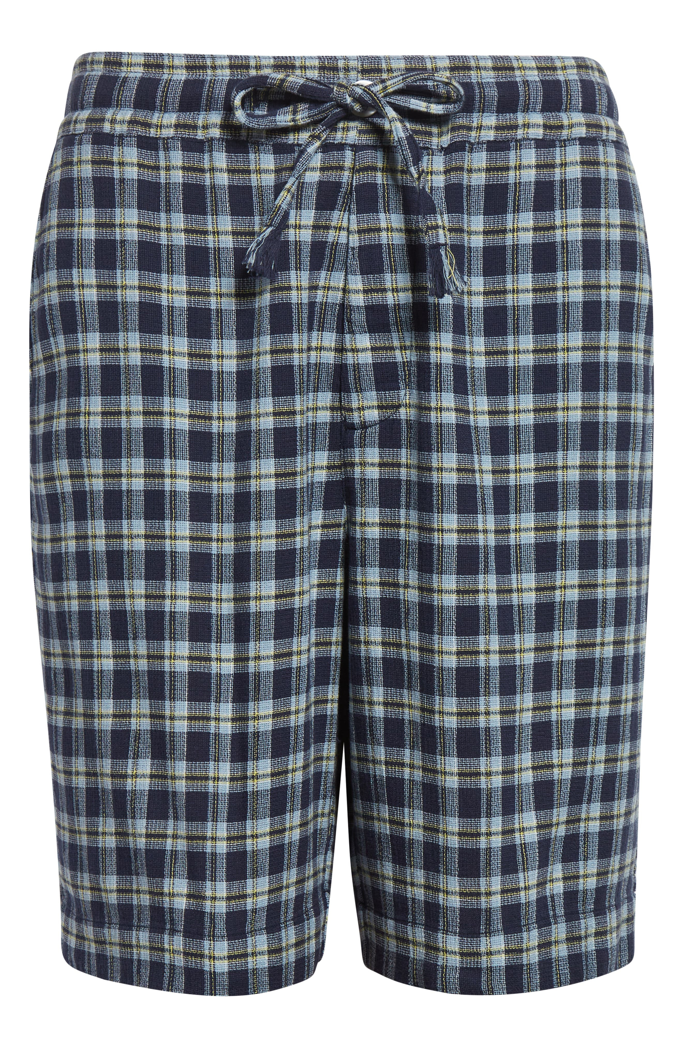 The Elder Statesman Dune Plaid Fringe Cotton Drawstring Beach Shorts in Navy at Nordstrom - 6