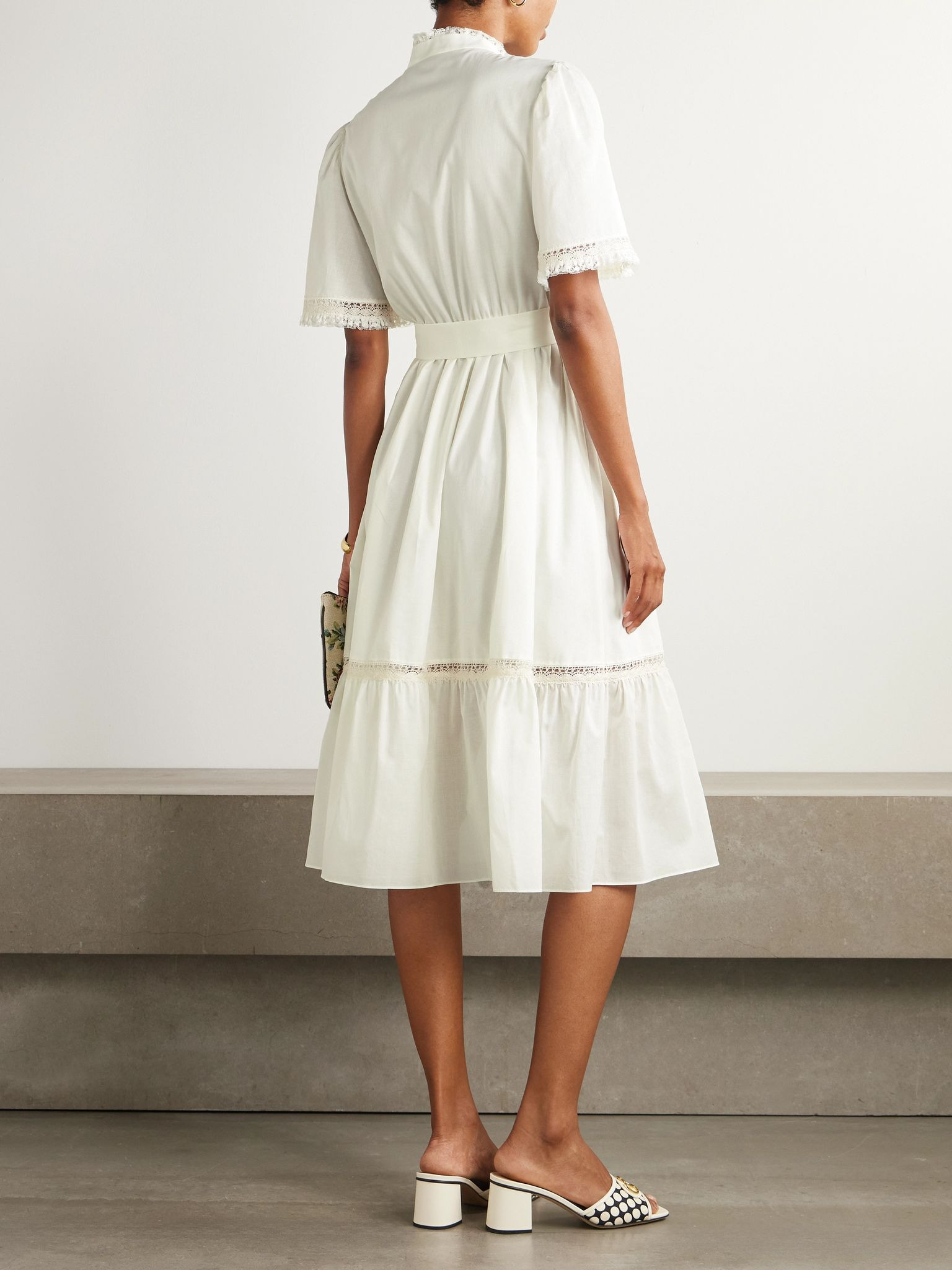Belted lace-trimmed pintucked cotton-poplin midi dress White - 3