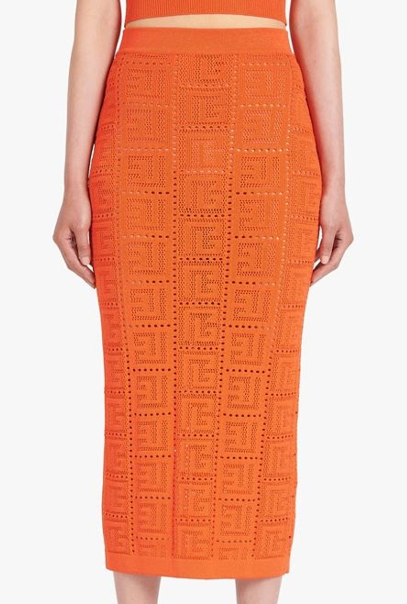 Mid-length dark orange eco-designed knit skirt with Balmain monogram 5