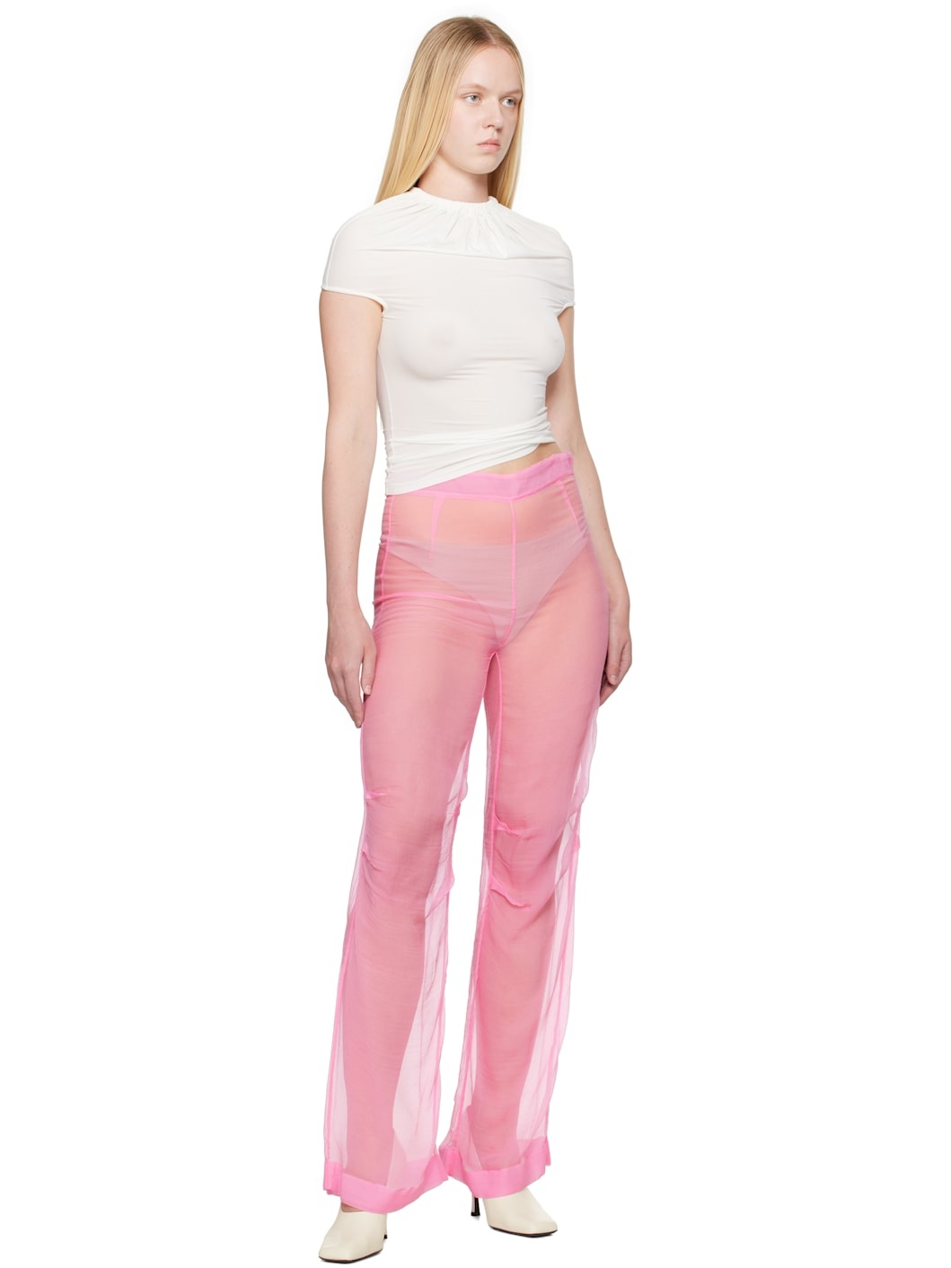 Pink Mousseline Silk Chiffon Knee Trousers - 4