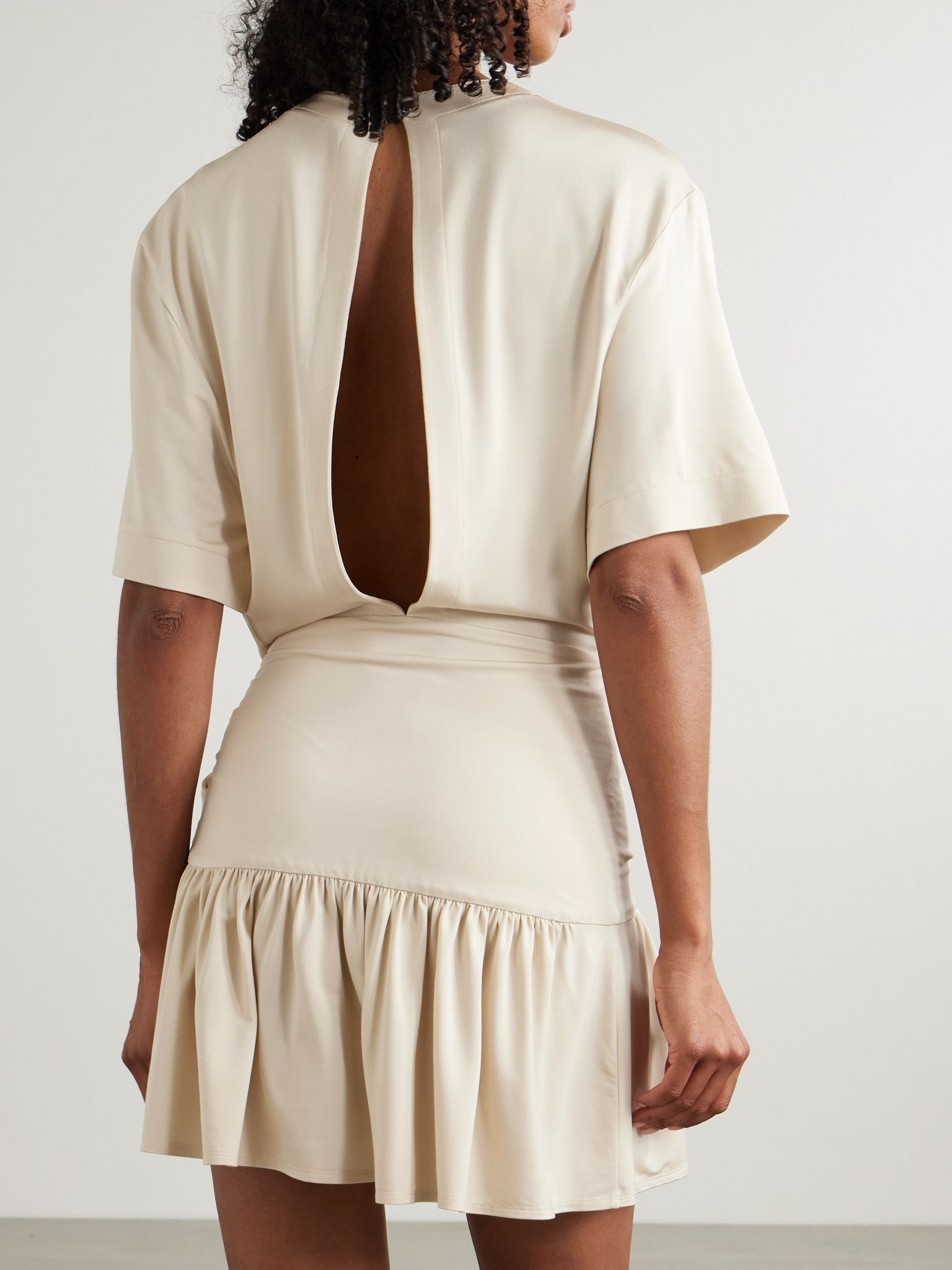Asymmetric bow-detailed gathered satin-jersey mini dress Neutral - 3