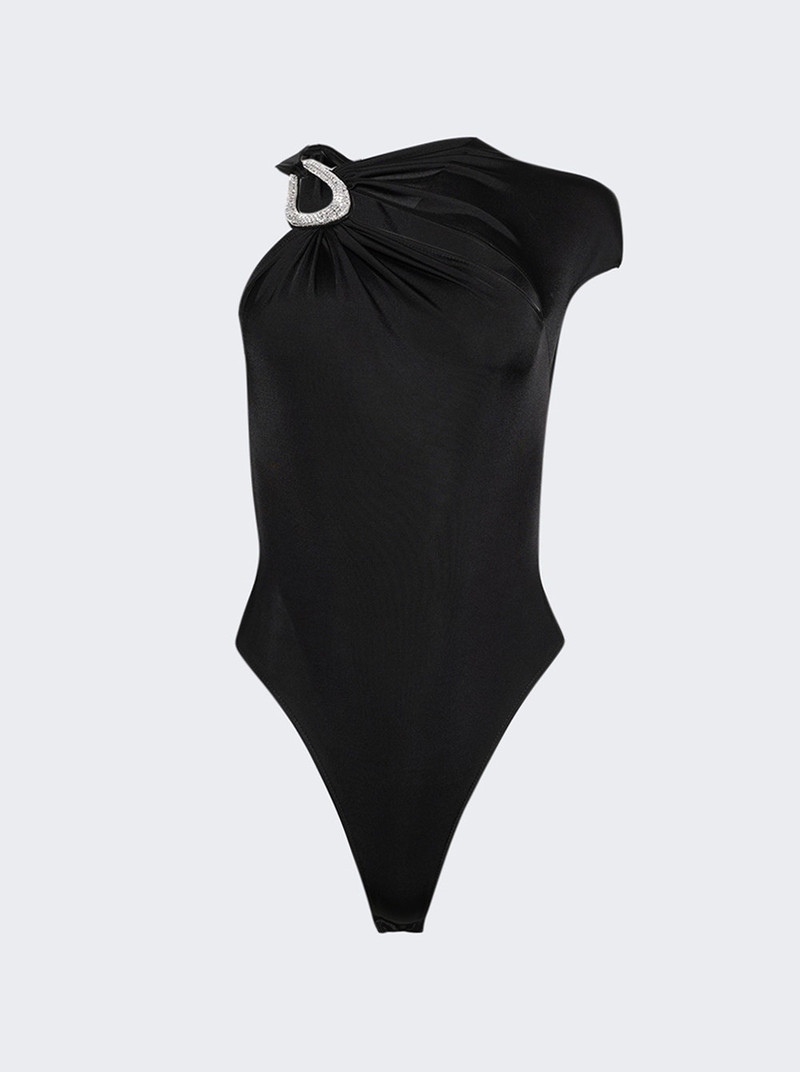 Crystal Buckle Asymmetric Bodysuit Black 1