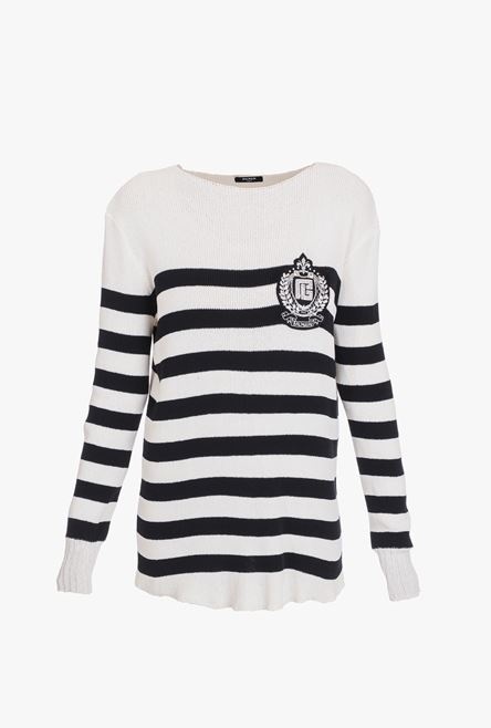 Ecru and black striped knit sweater with silver Balmain badge - 1