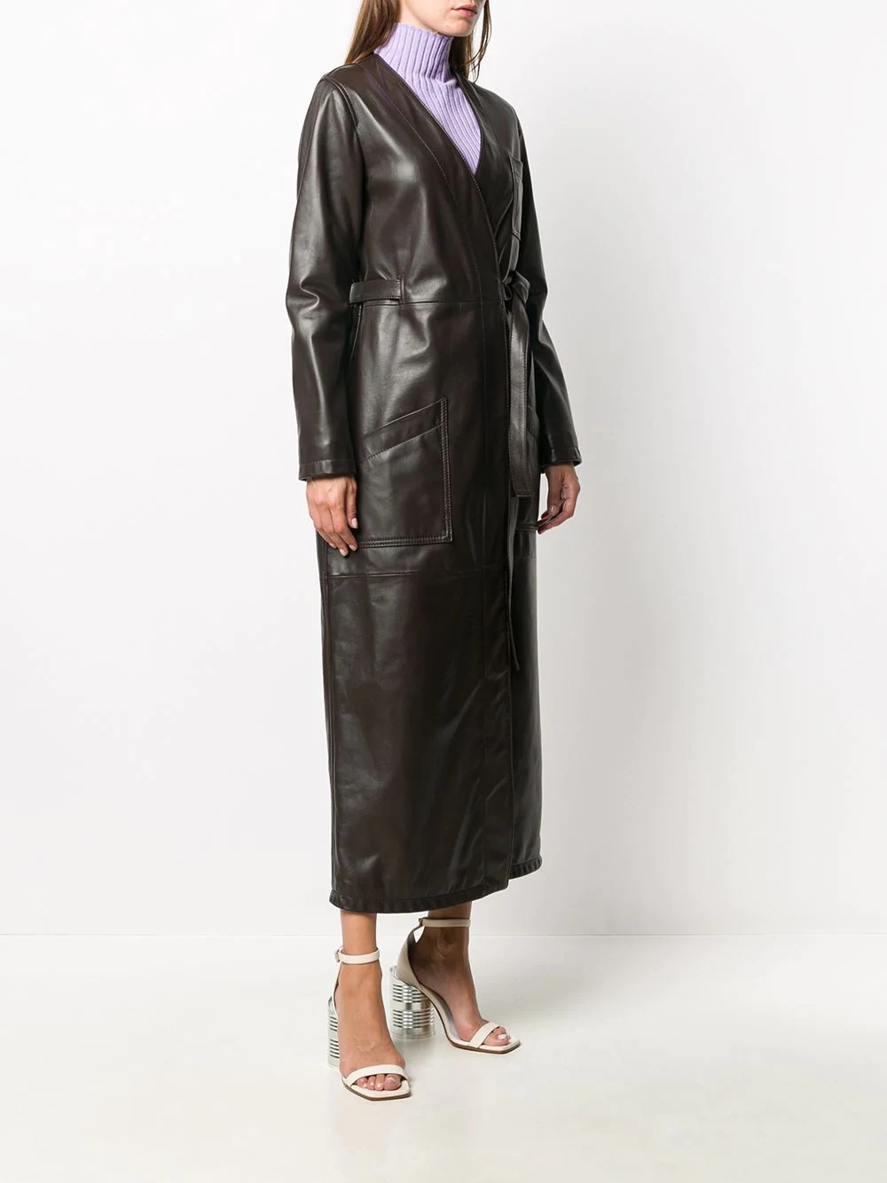 leather asymmetric belted trench coat - 3