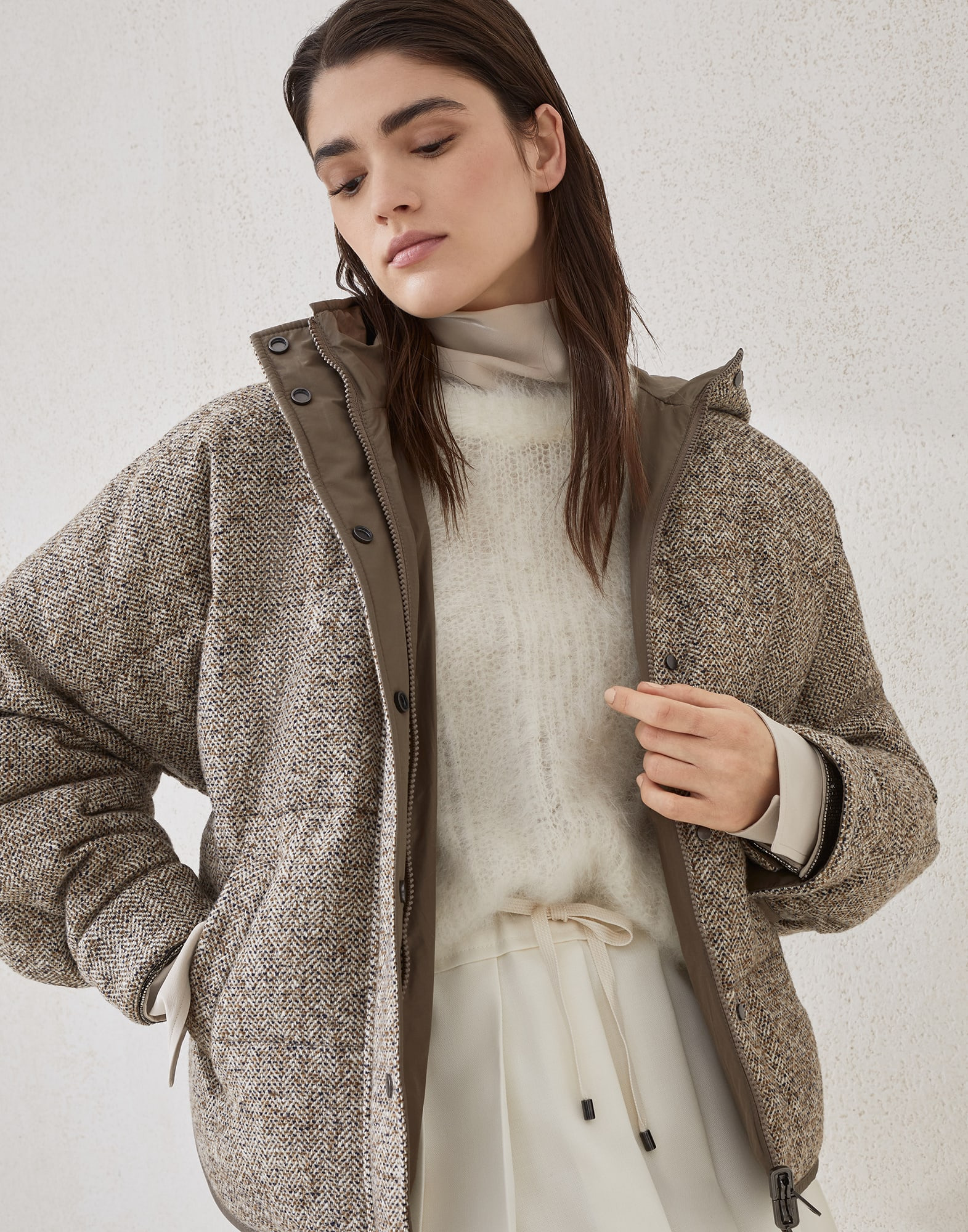 Flecked virgin wool and silk chevron hooded down jacket - 3