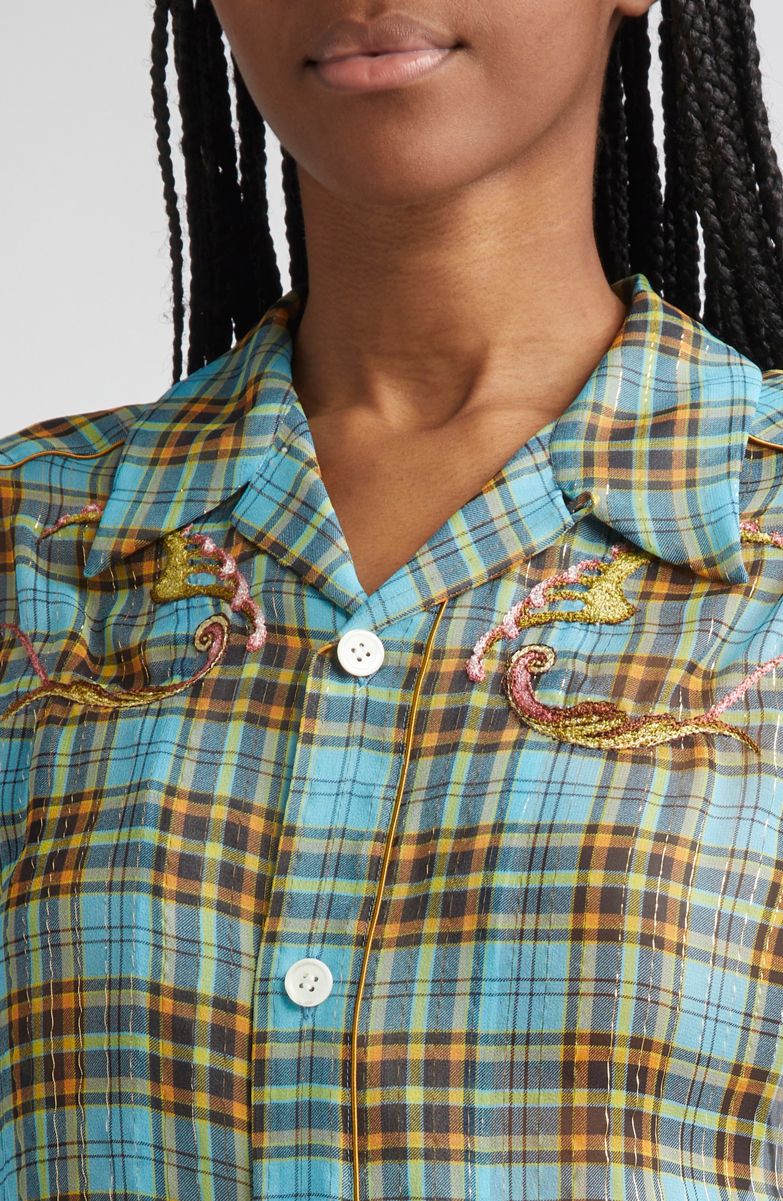 Undercover Metallic Stripe Plaid Silk Blend Camp Shirt in Blue Check at Nordstrom - 5