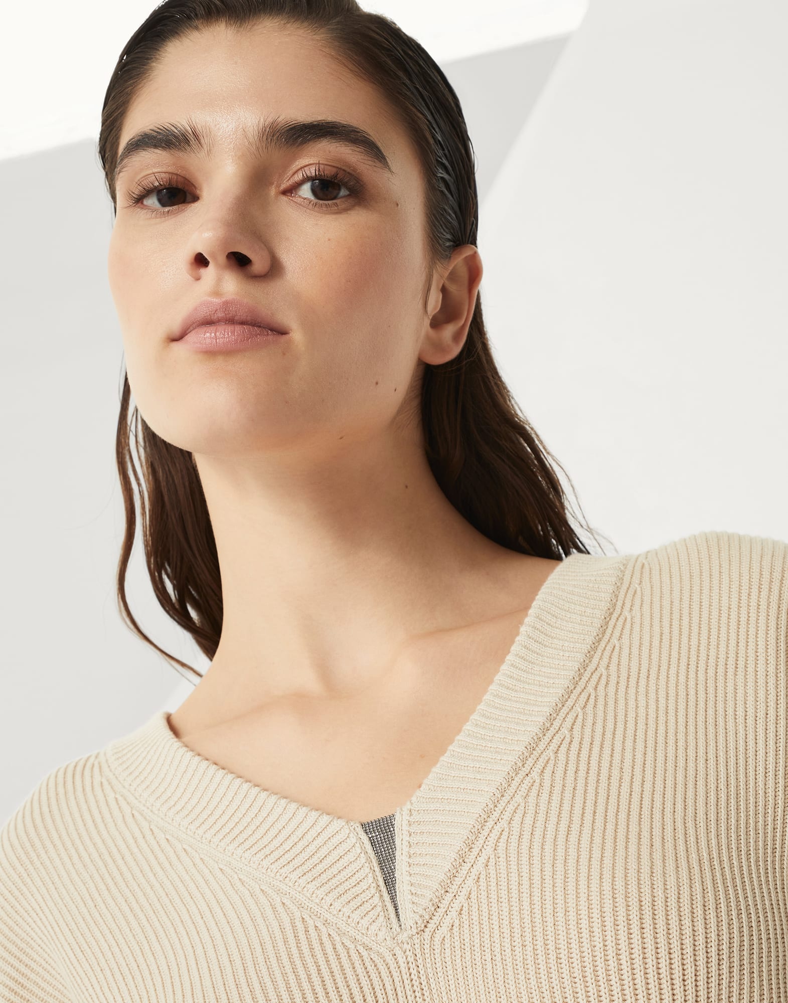 Cotton English rib sweater with shiny detail - 3