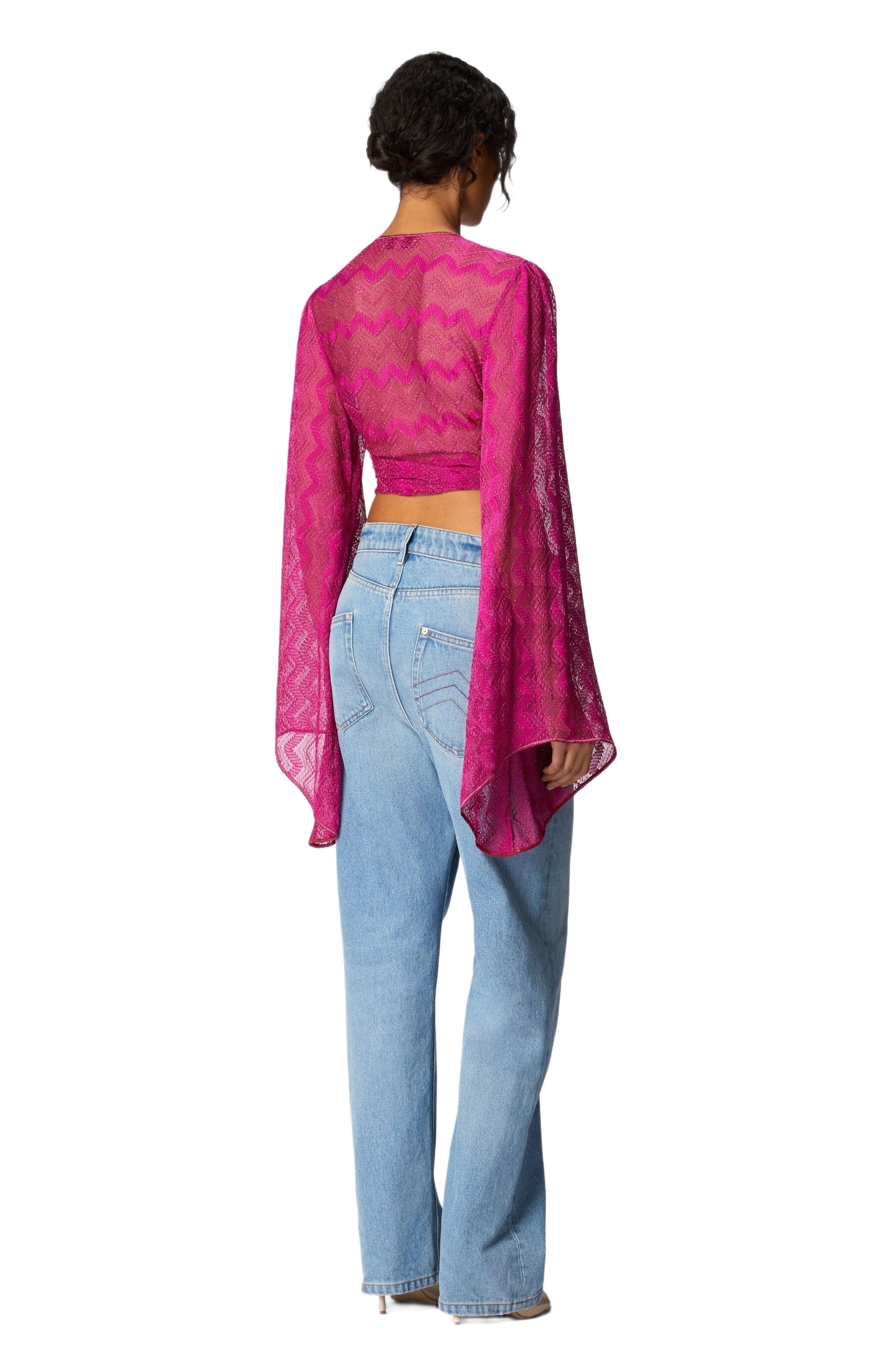 Missoni Crop Top With Wide Sleeves And Front Knot In Zig Zag Lamé Viscose in Purple at Nordstrom - 3