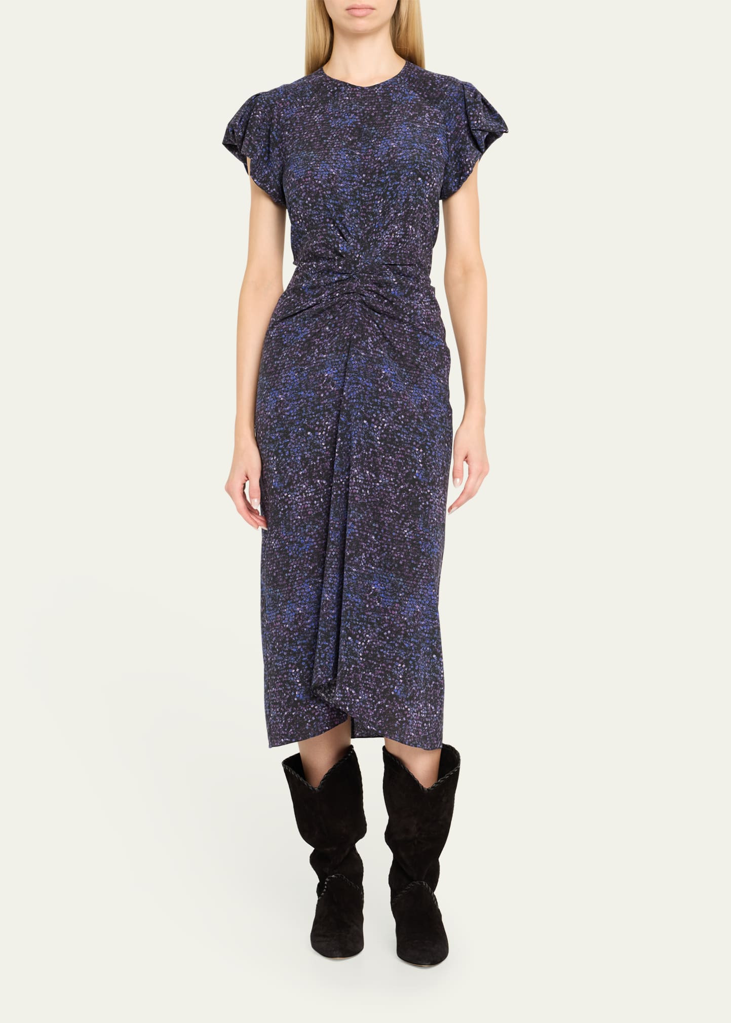 Terena Mosaic Stretch Silk Puff-Sleeve Midi Dress - 2