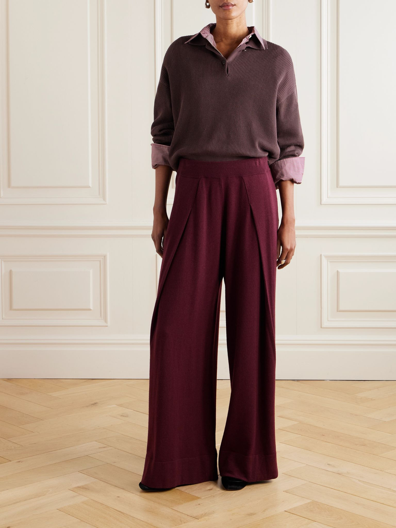 Pleated wool, cashmere and silk-blend wide-leg pants Burgundy - 2