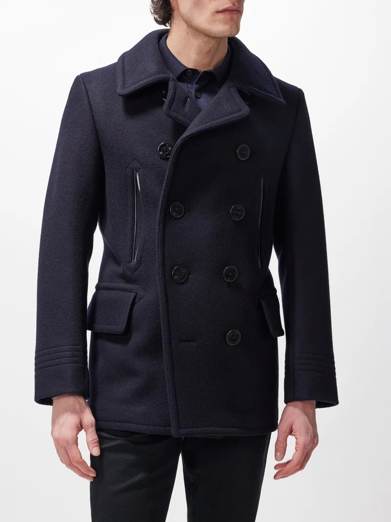 TOM FORD Double-breasted leather-trim wool-blend peacoat
