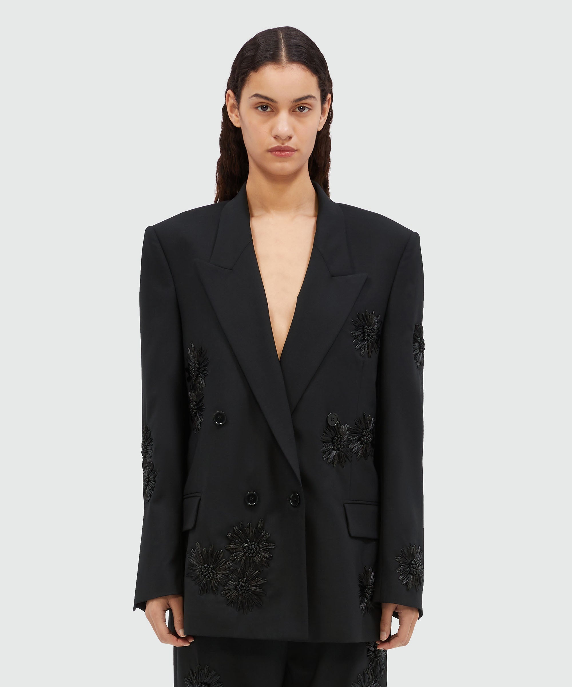 Double-breasted jacket in fresco wool with raffia flowers - 2