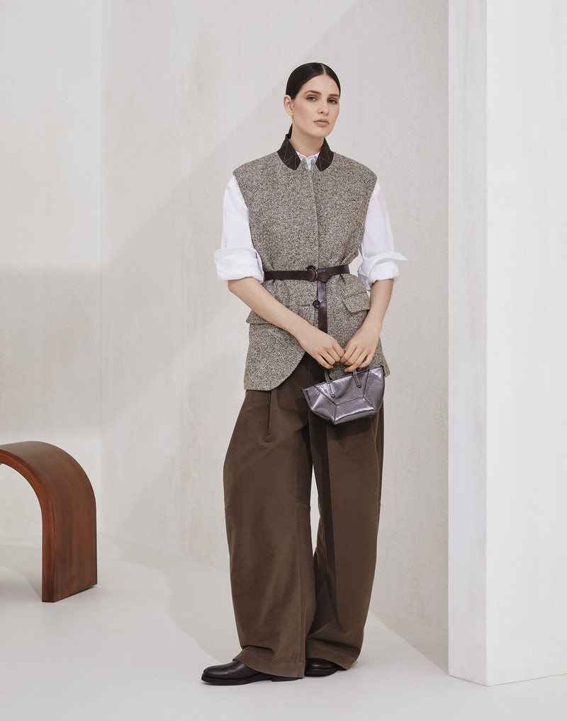 Flecked virgin wool and silk chevron vest with leather belt and monili 5