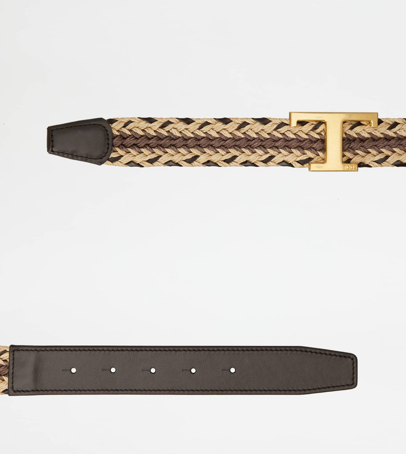 Tod's T TIMELESS BELT IN LEATHER AND FABRIC - BROWN, BEIGE outlook