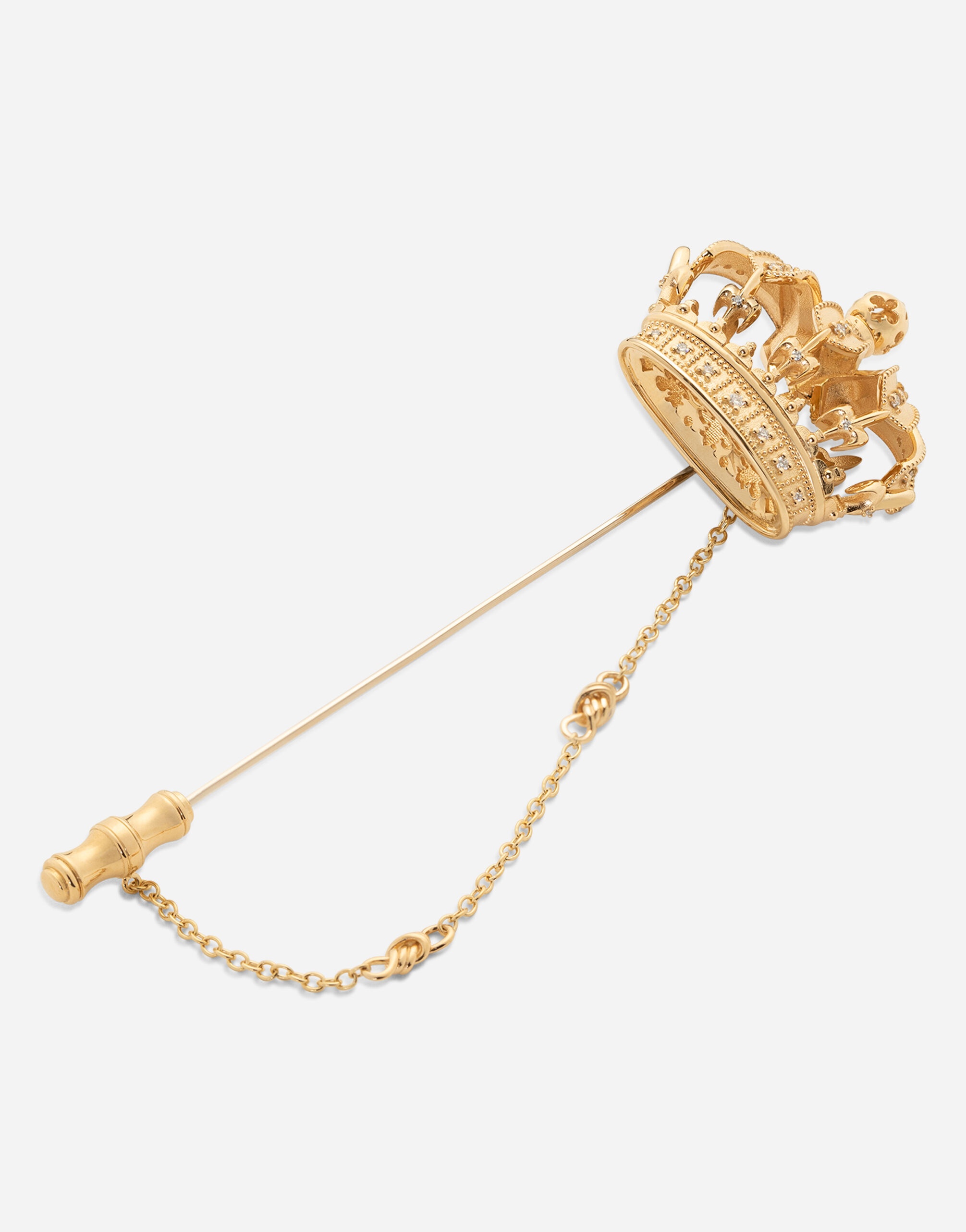 Crown stick pin brooch in yellow and white gold with curly gold thread embellishments and sphere - 4