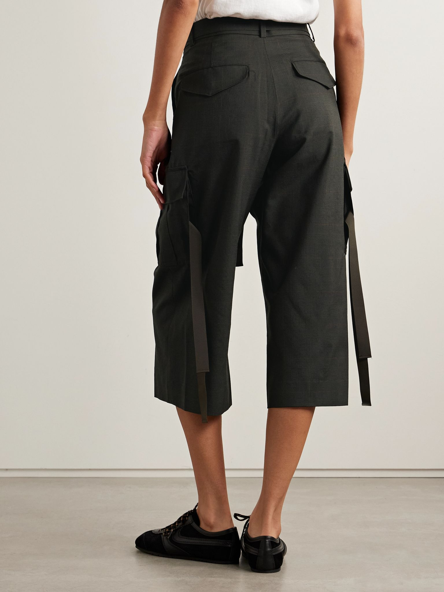 Cropped belted pleated Prince of Wales checked wool tapered pants Dark green - 4