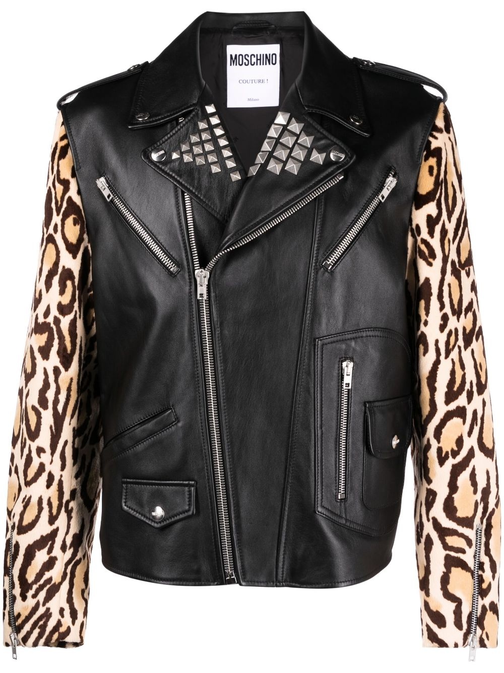 leopard-print leather biker jacket - 1