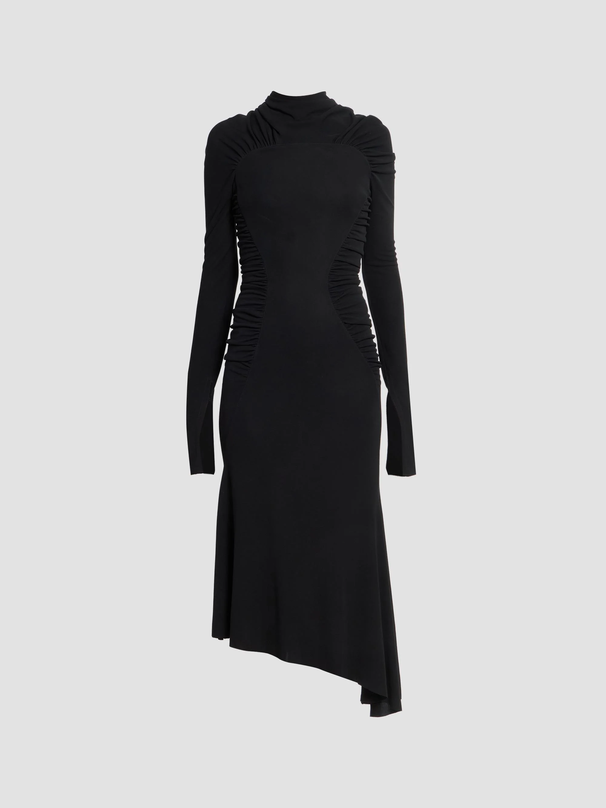 Women's Gathered Long-Sleeve Midi Dress - Black - 1