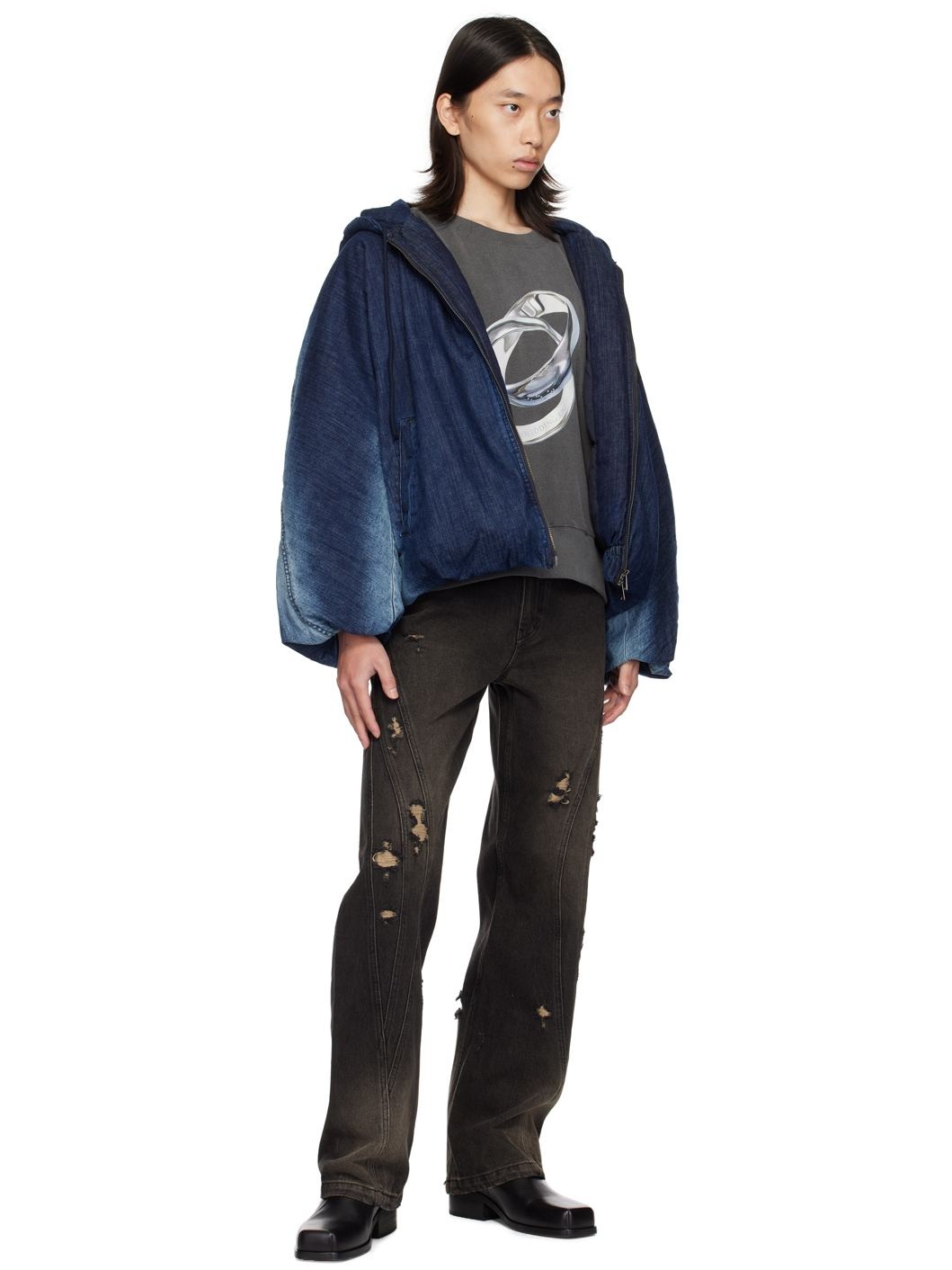 Navy Hooded Denim Puffer Jacket - 4