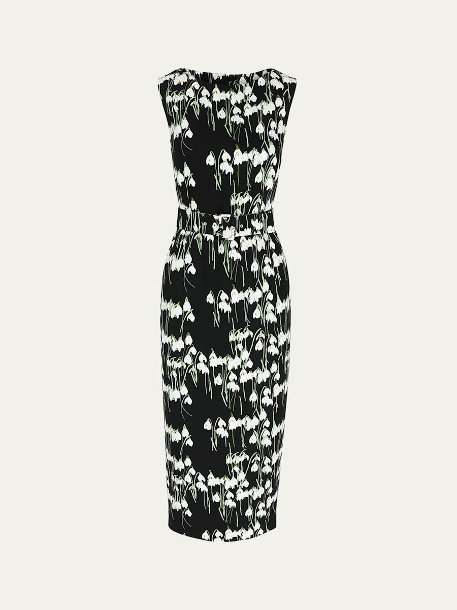 Flower-Print Boat-Neck Belted Midi Dress - 1