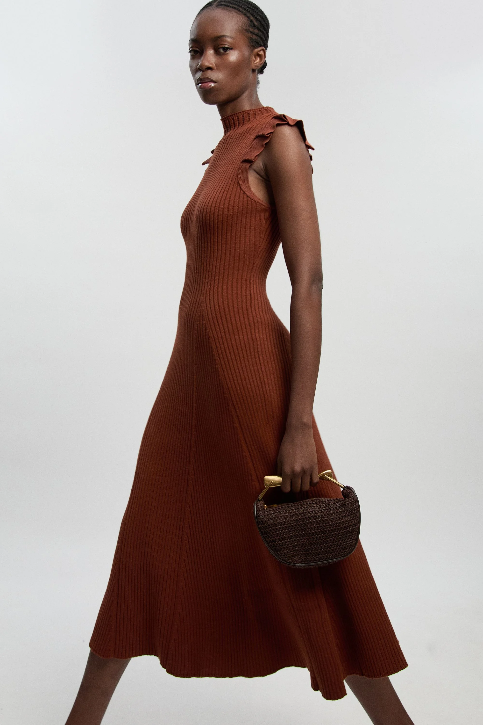 Petite Pointelle Frill Sleeve Knit Midi Dress - 1