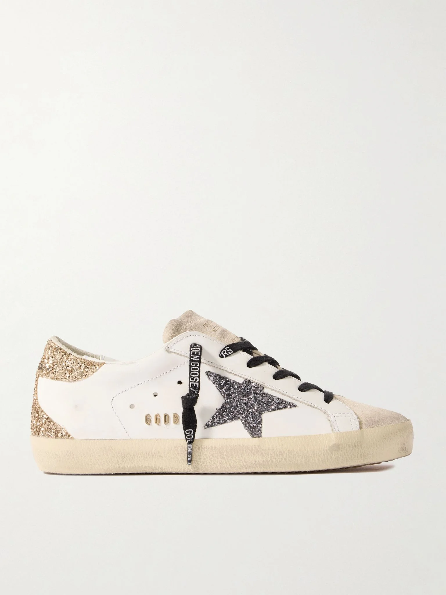 Super-Star distressed suede-trimmed glittered leather sneakers White - 1