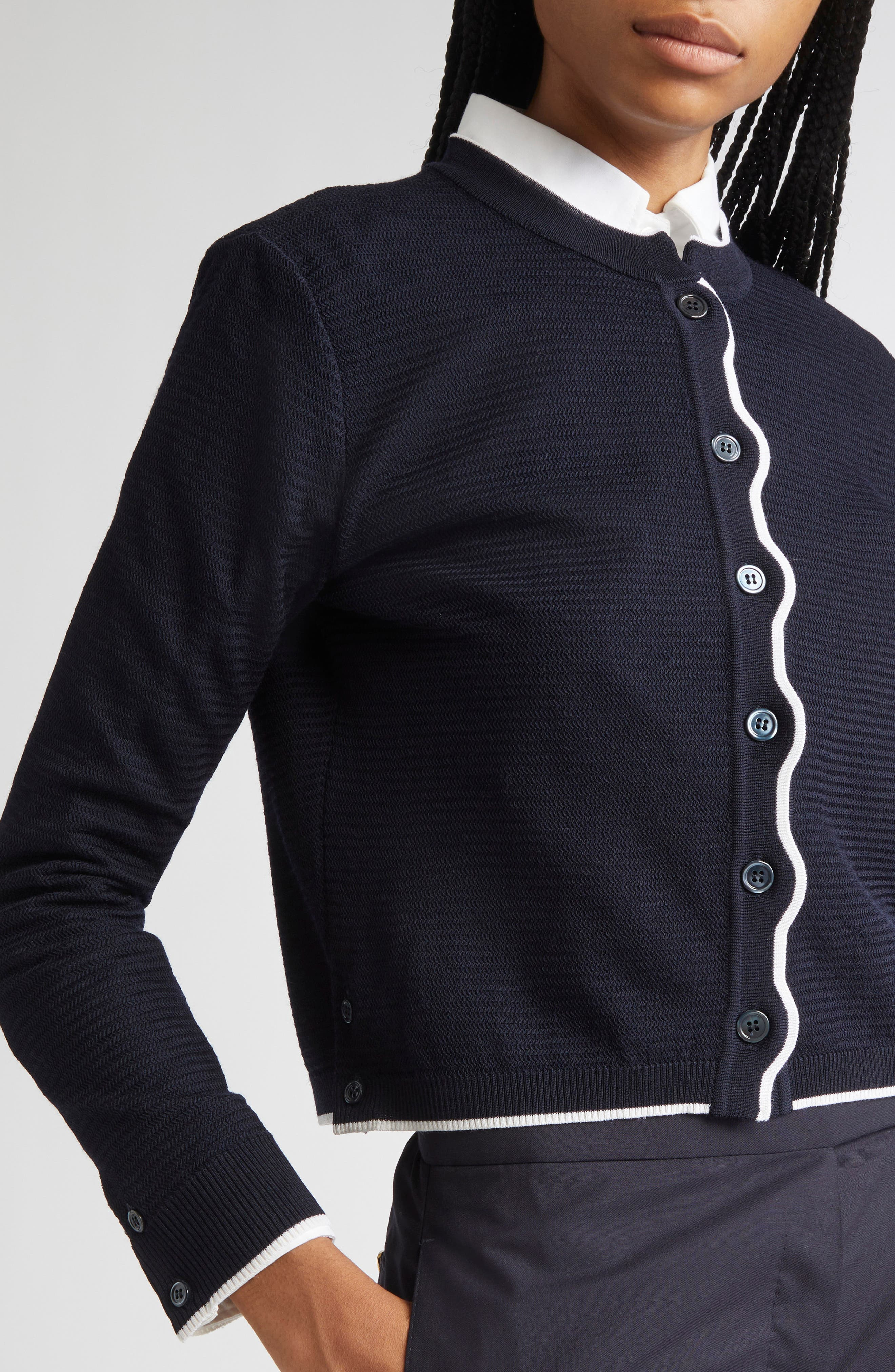 Thom Browne Textured Stitch Virgin Wool Crewneck Cardigan in Navy at Nordstrom - 4