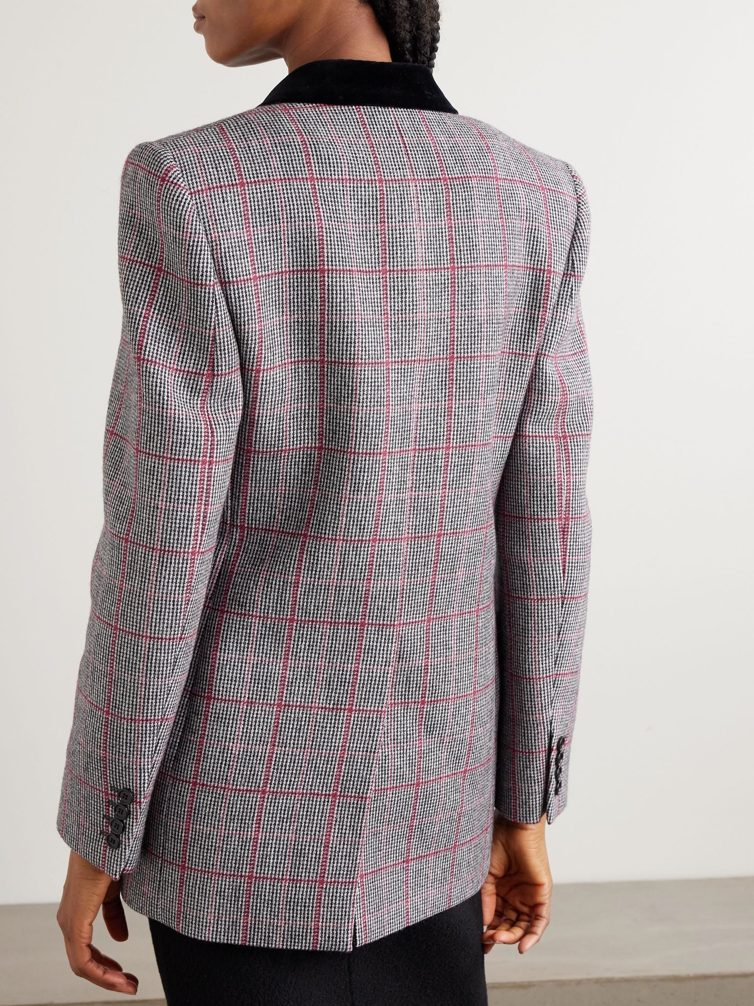 Double-breasted velvet-trimmed checked wool blazer Black - 4