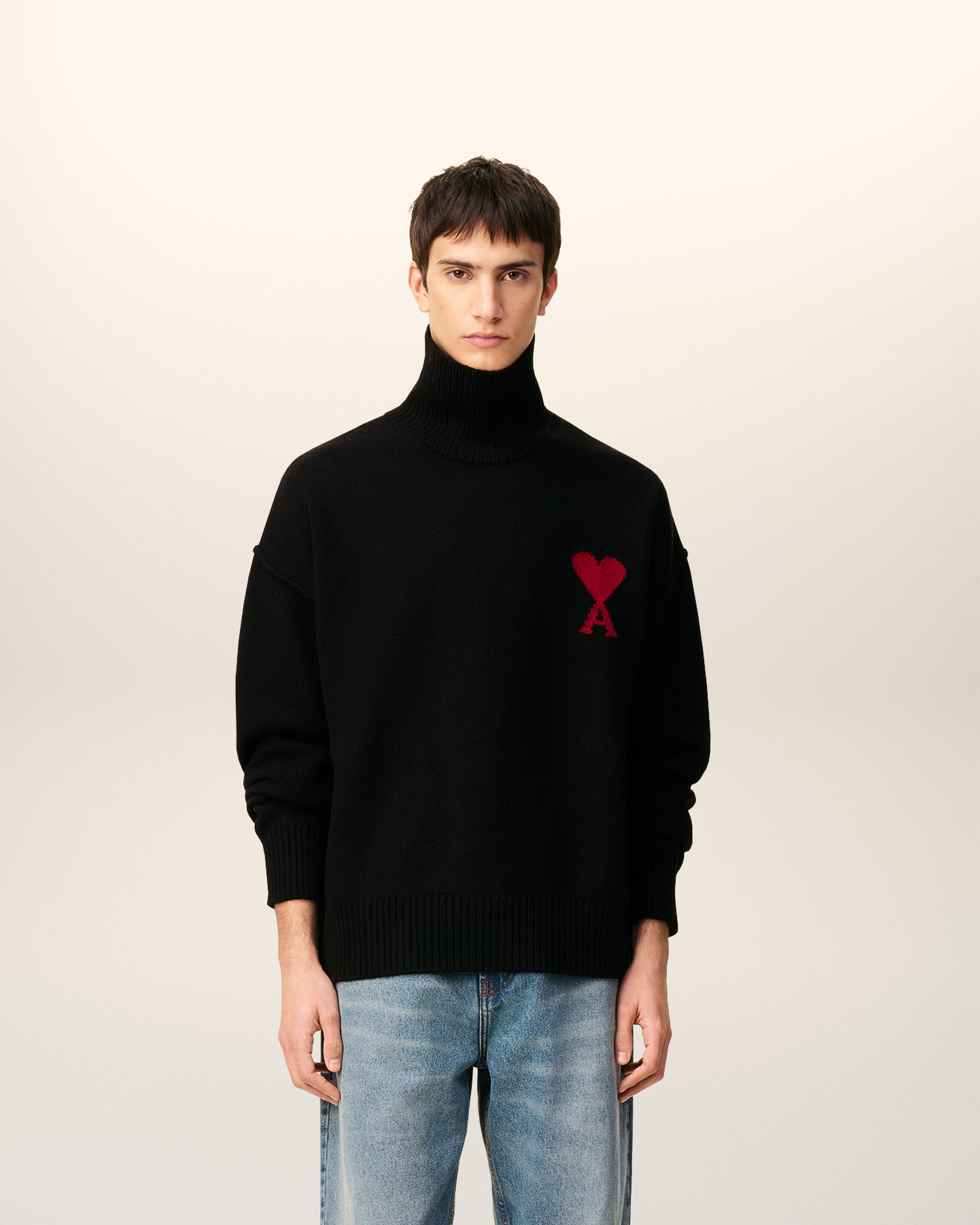 BLACK WOOL AMI DE COEUR FUNNEL NECK SWEATER - 2