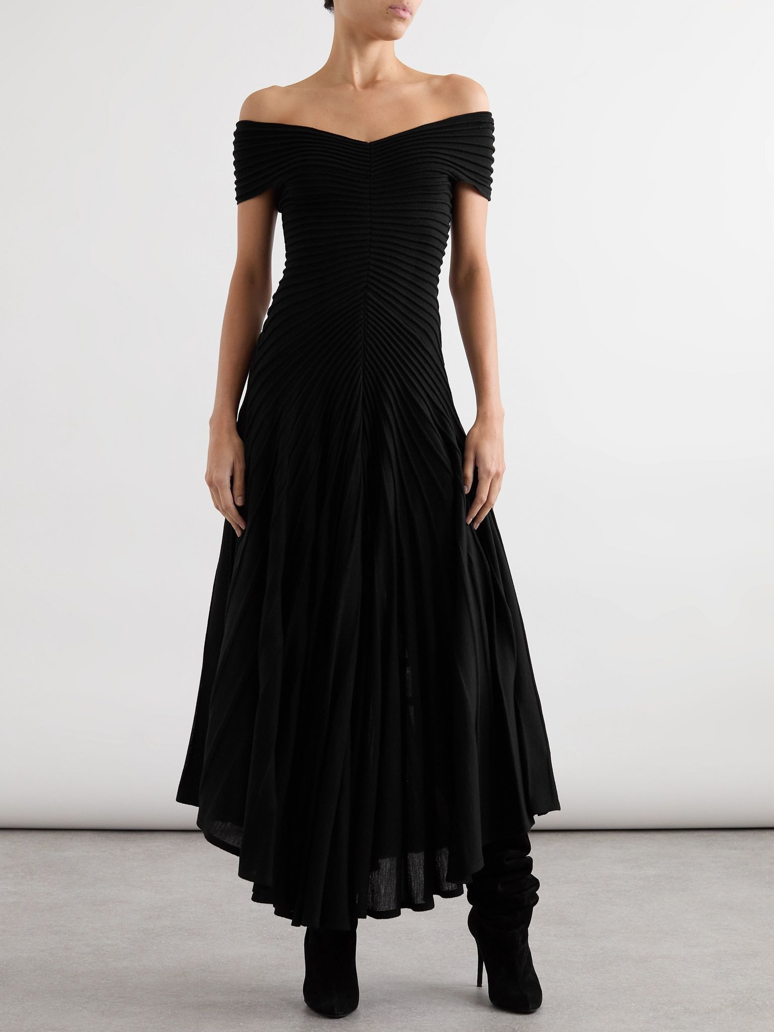 Off-the-shoulder asymmetric ribbed wool midi dress Black - 2