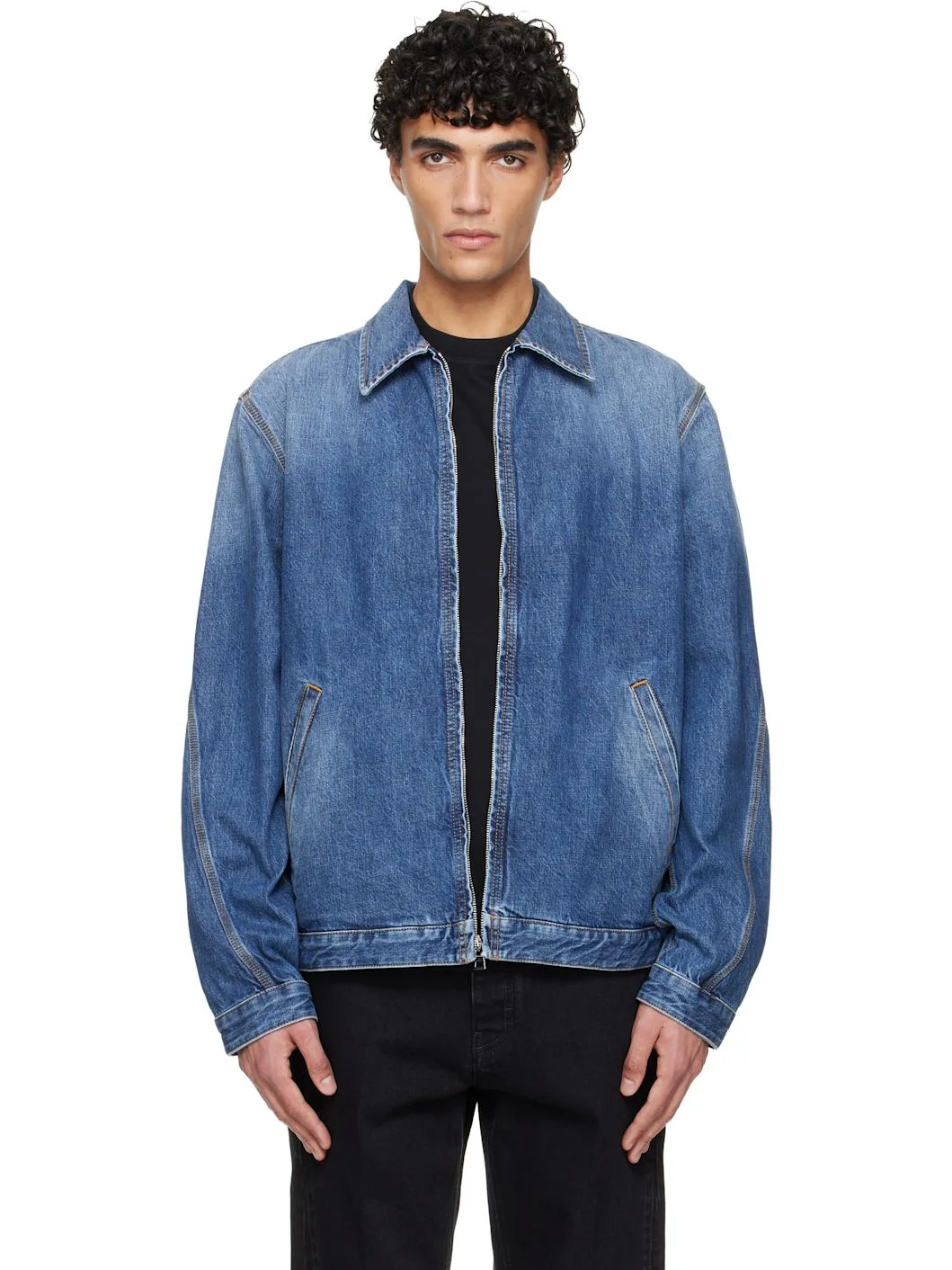 Navy Zipped Denim Jacket - 1