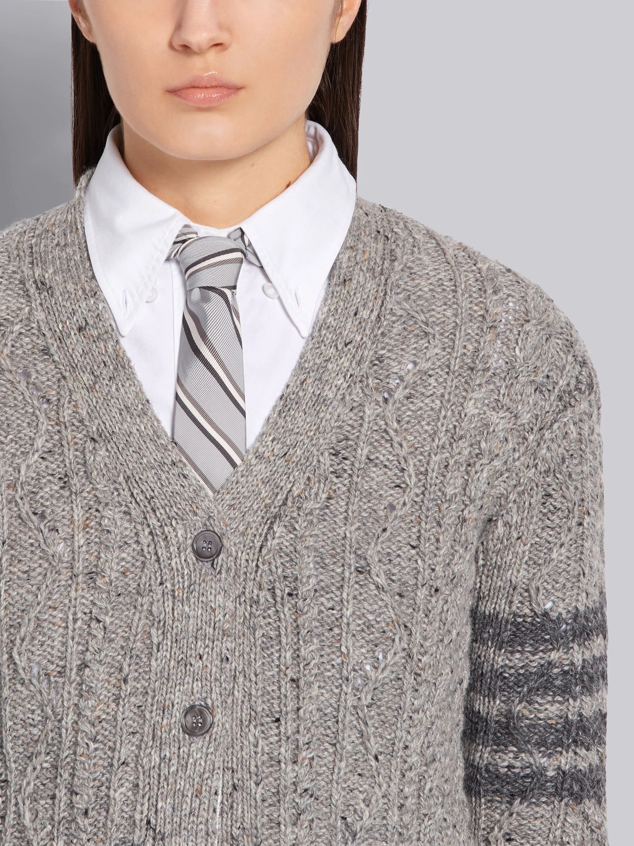 Tonal Grey Fun-mix Mohair Wool Tweed Aran Cable Classic V-neck 4-Bar Cardigan - 5