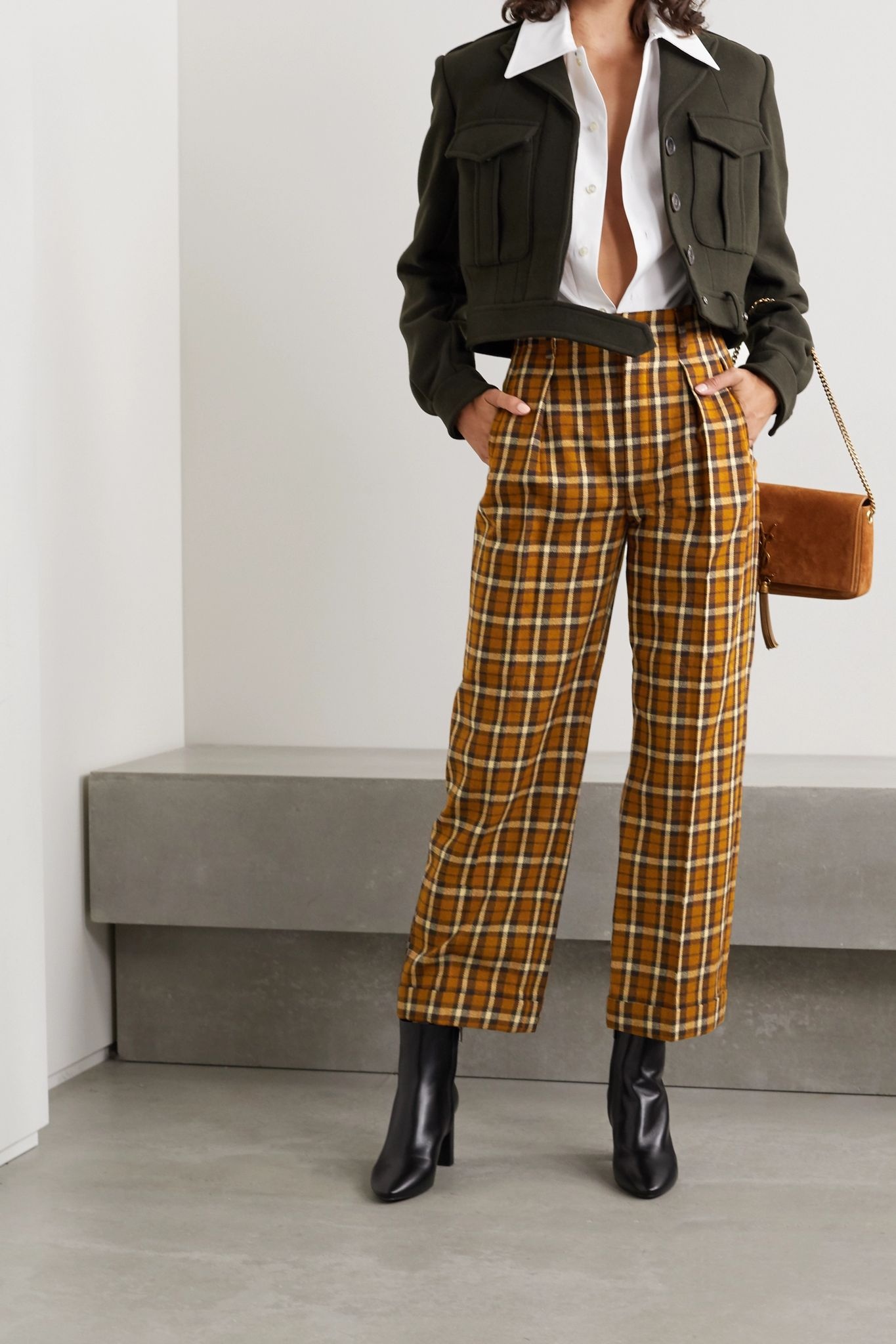 Cropped pleated checked wool straight-leg pants - 5