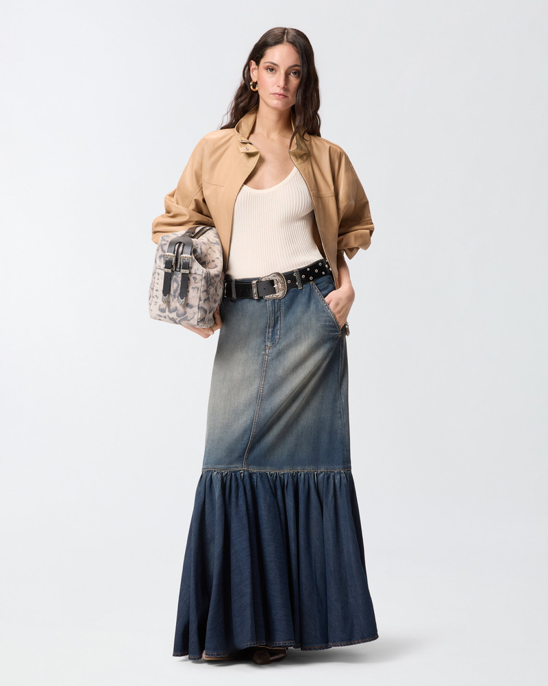 LONG DENIM SKIRT WITH FLOUNCE AND BELT 3