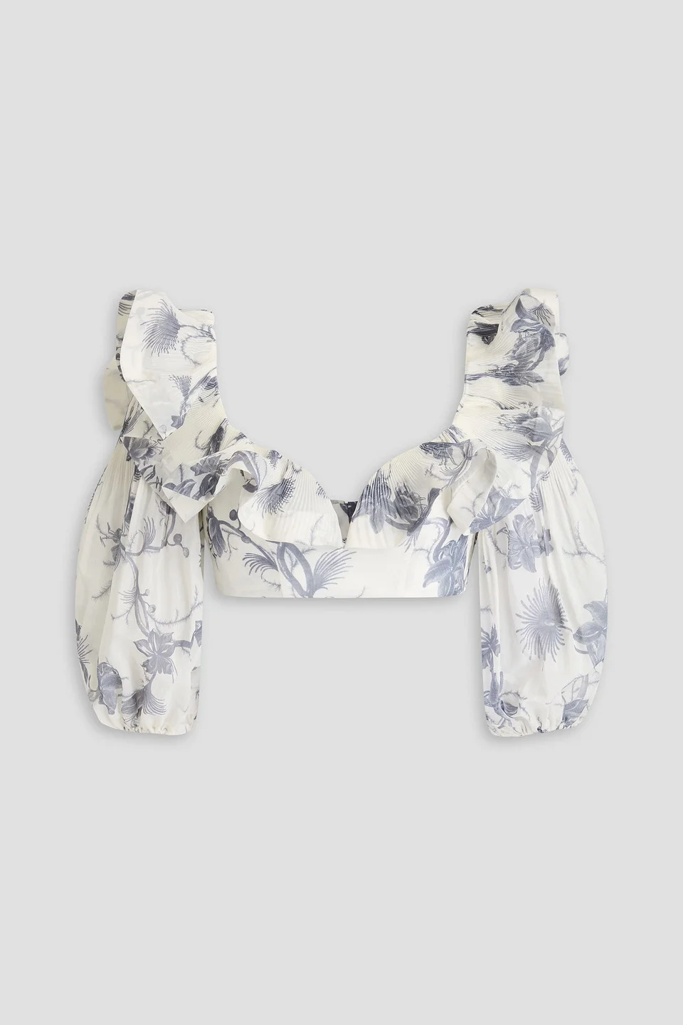 Cropped ruffled floral-print plissé-organza top - 1