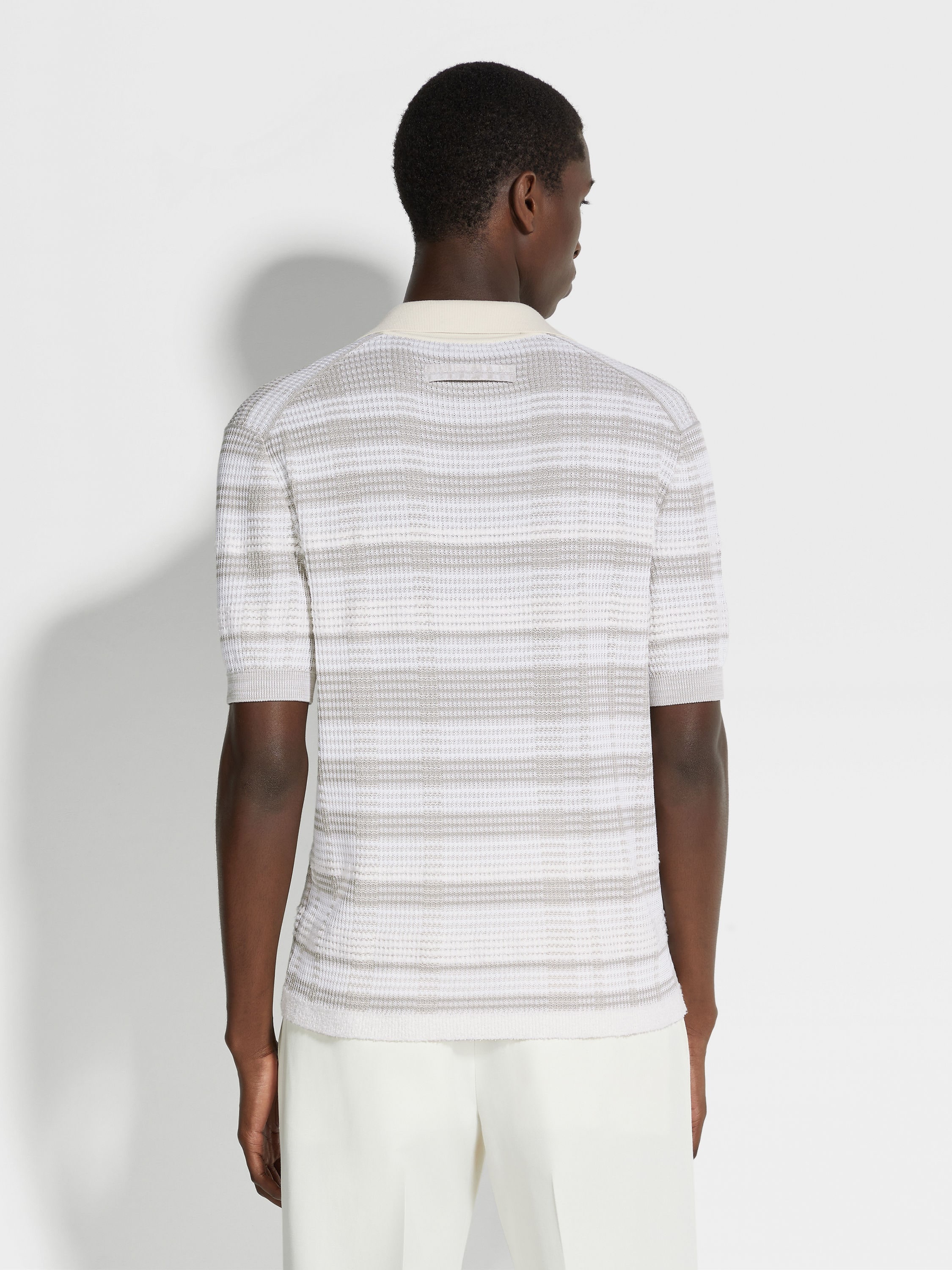 WHITE AND DARK TAUPE COTTON AND SILK BLEND POLO SHIRT - 5