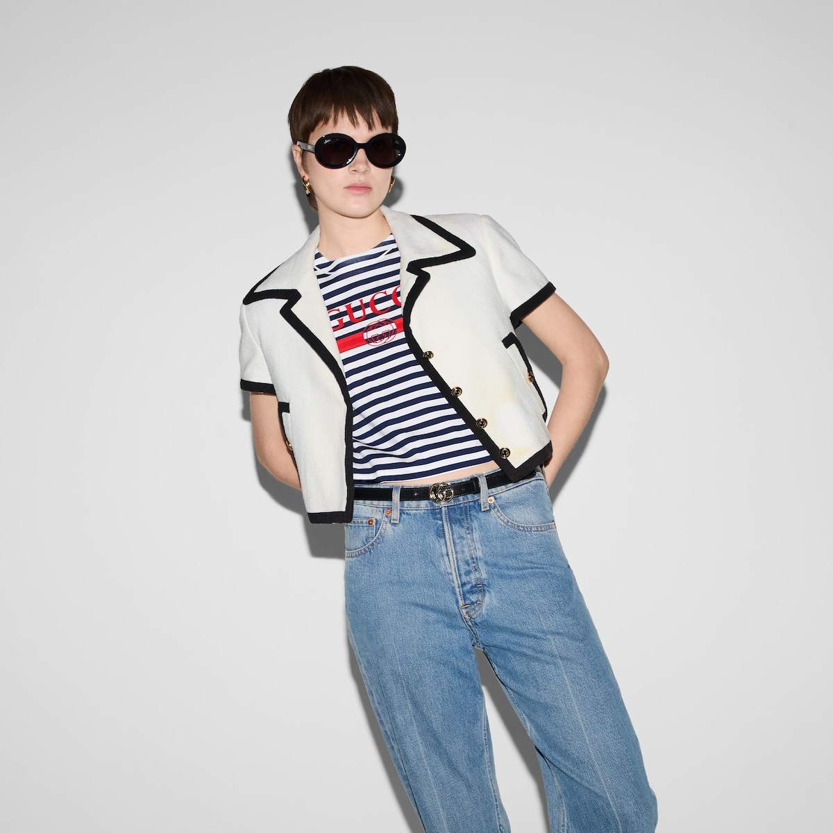Striped cotton jersey T-shirt with Gucci print - 6