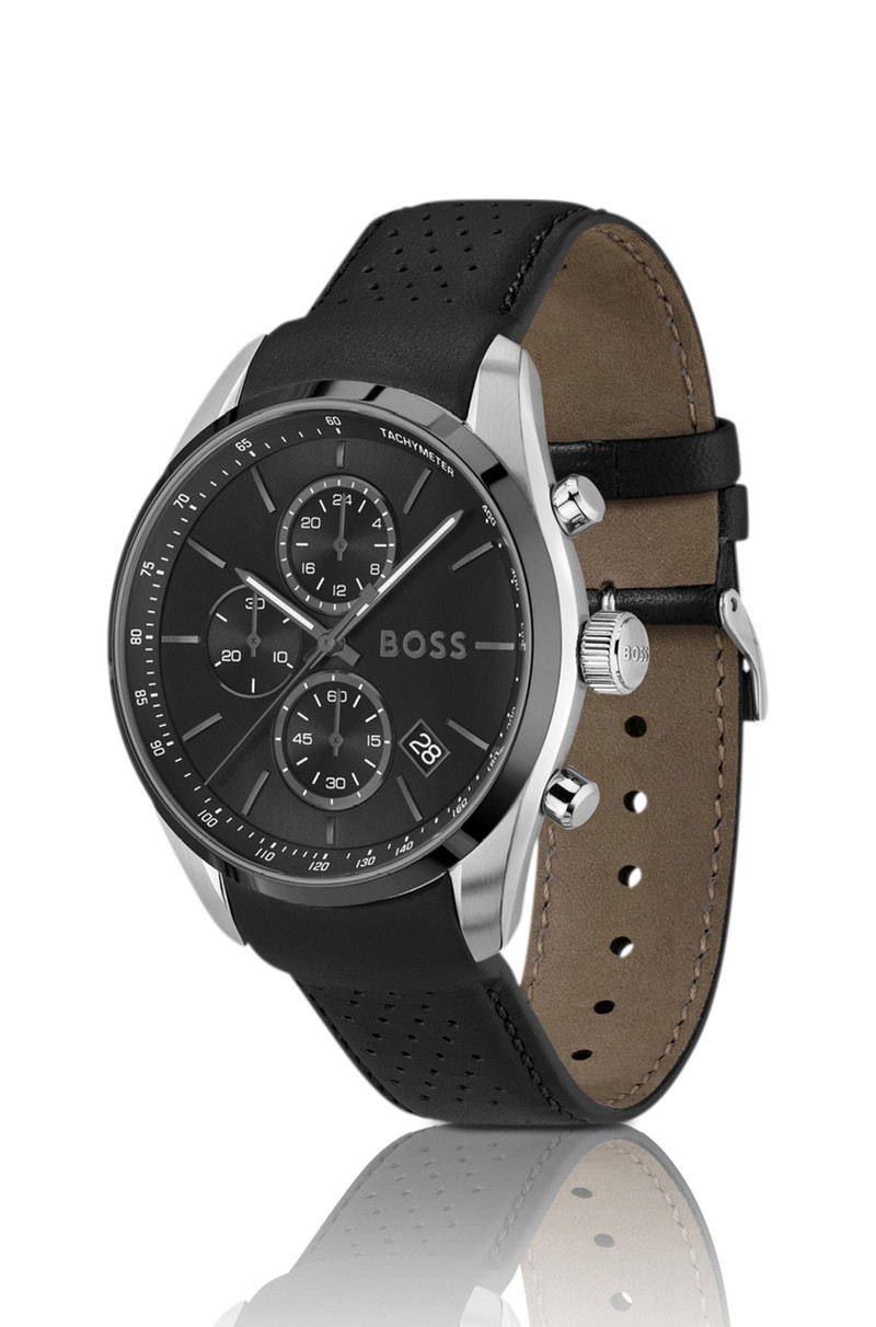 BOSS BLACK-PLATED CHRONOGRAPH WATCH WITH GRAY LEATHER STRAP outlook