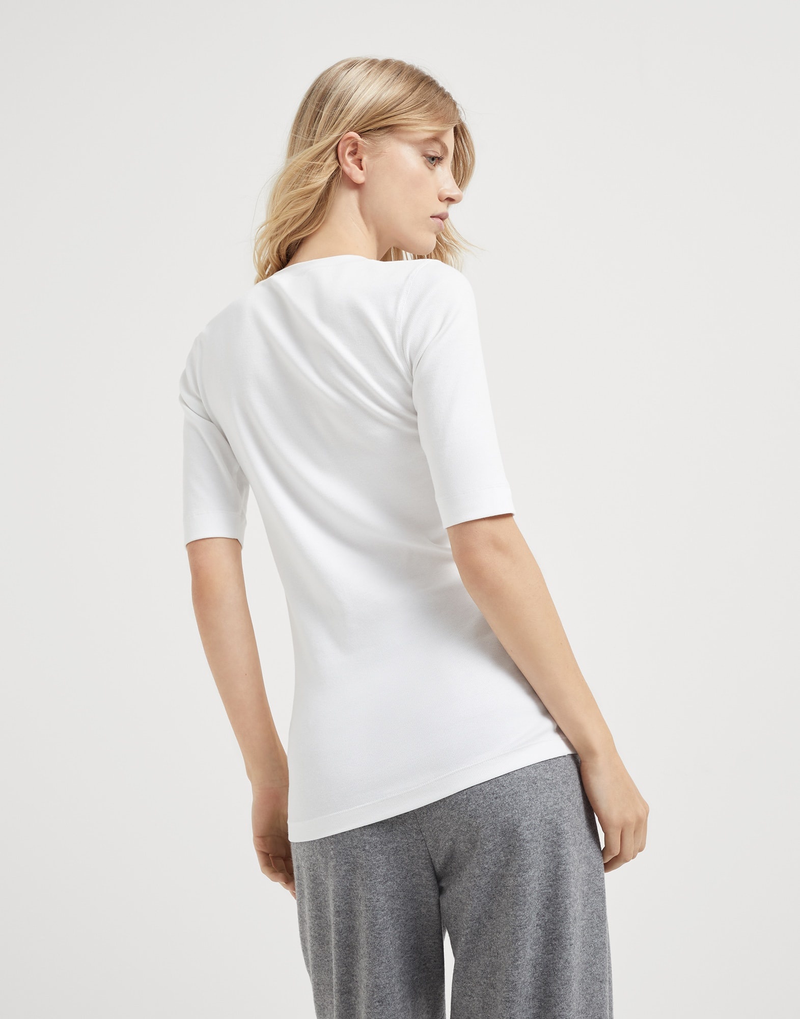 Stretch cotton ribbed jersey T-shirt with precious insert - 2