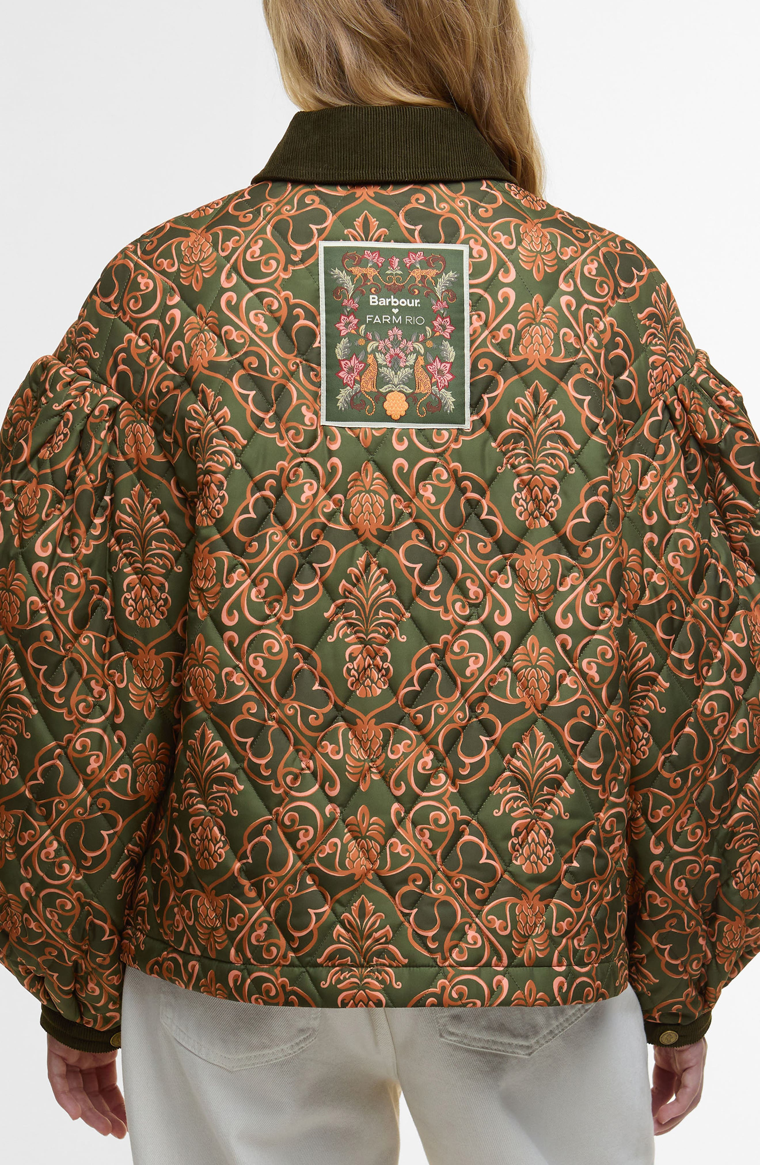 Barbour x FARM Rio Luisa Quilted Jacket in Pineapple/Green Heart Print at Nordstrom - 3