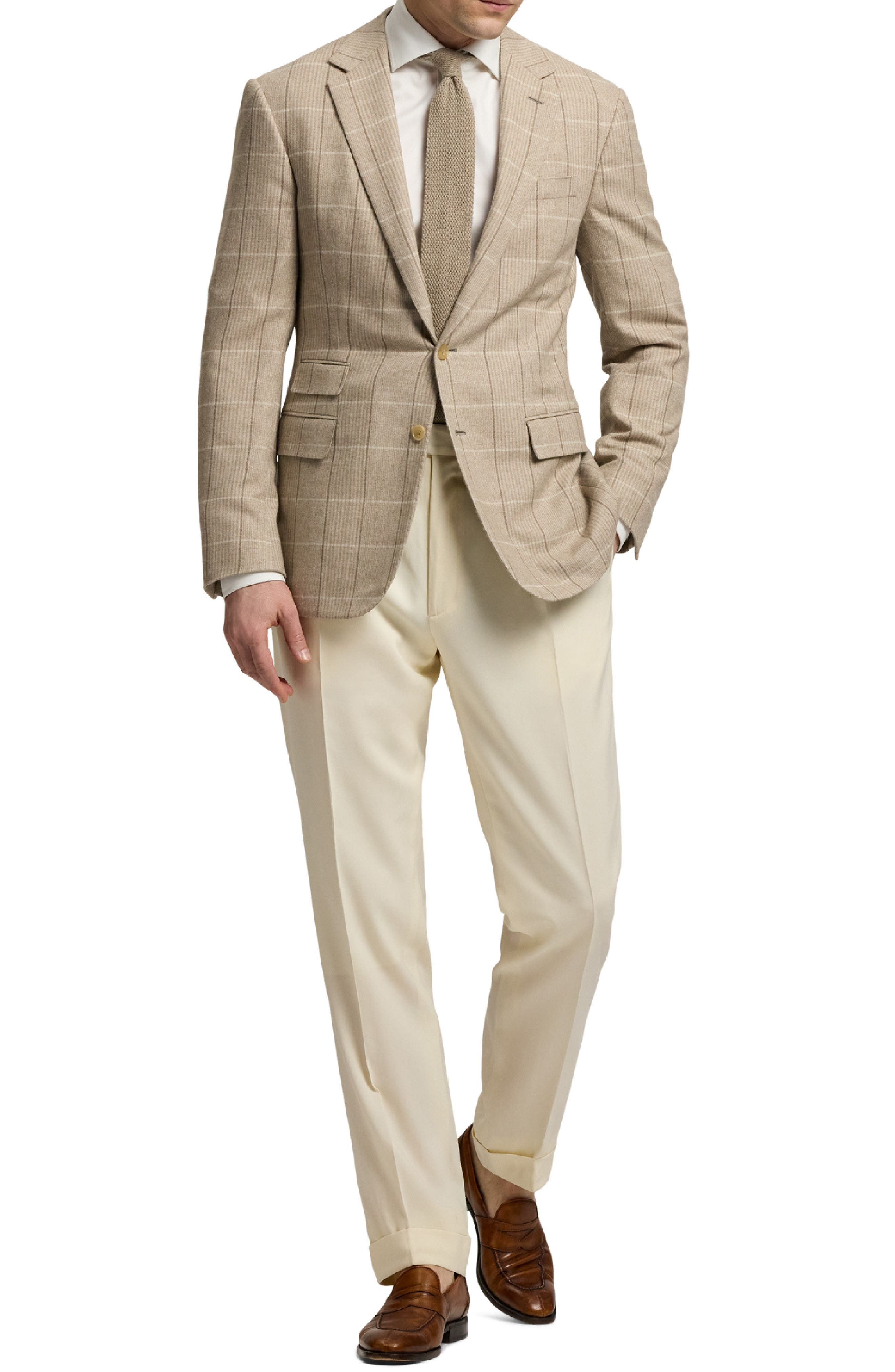 Ralph Lauren Purple Label Russel Plaid Wool, Silk & Cashmere Sport Coat in Summer Sand/Truffle at No - 6