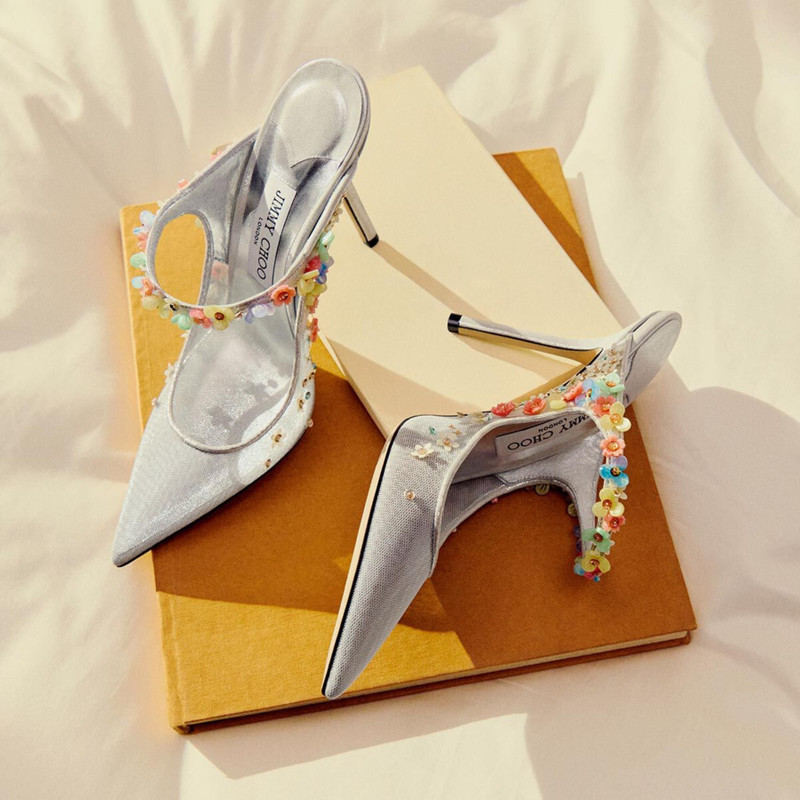 Bing Daisy 100 Silver Metallic Mesh Mule with Floral Embellishments 6