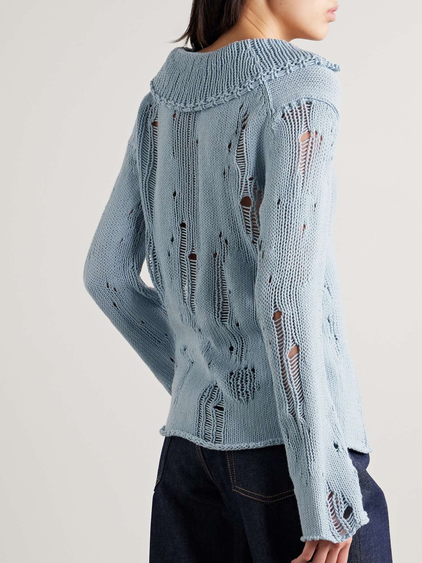Distressed organic cotton and wool-blend sweater Blue - 3